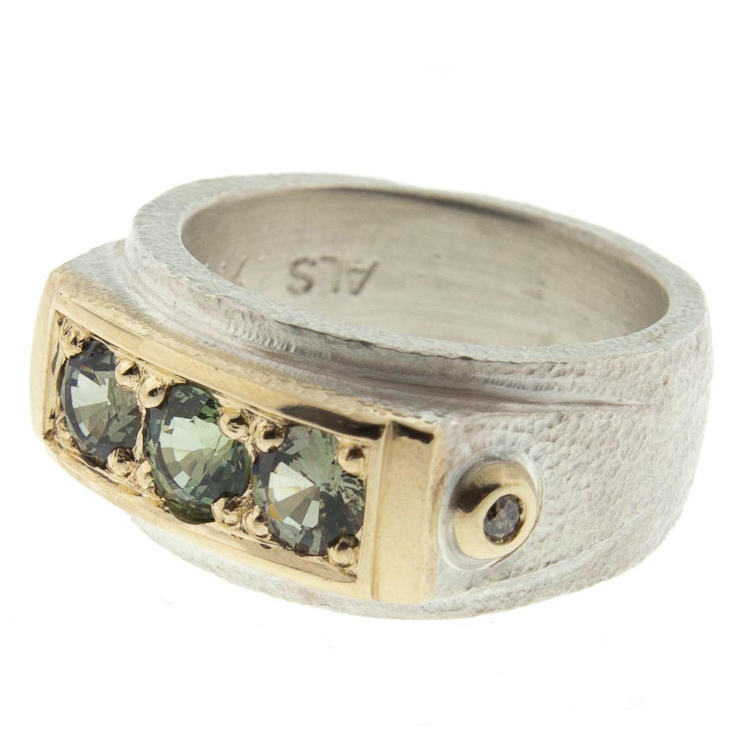 Alison Shiboski: .999 Silver and 14K 3 Green Sapphire Ring 1.62tcw 2 Champagne Diamonds .06tcw