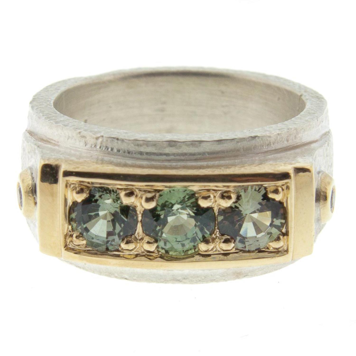 Alison Shiboski: .999 Silver and 14K 3 Green Sapphire Ring 1.62tcw 2 Champagne Diamonds .06tcw