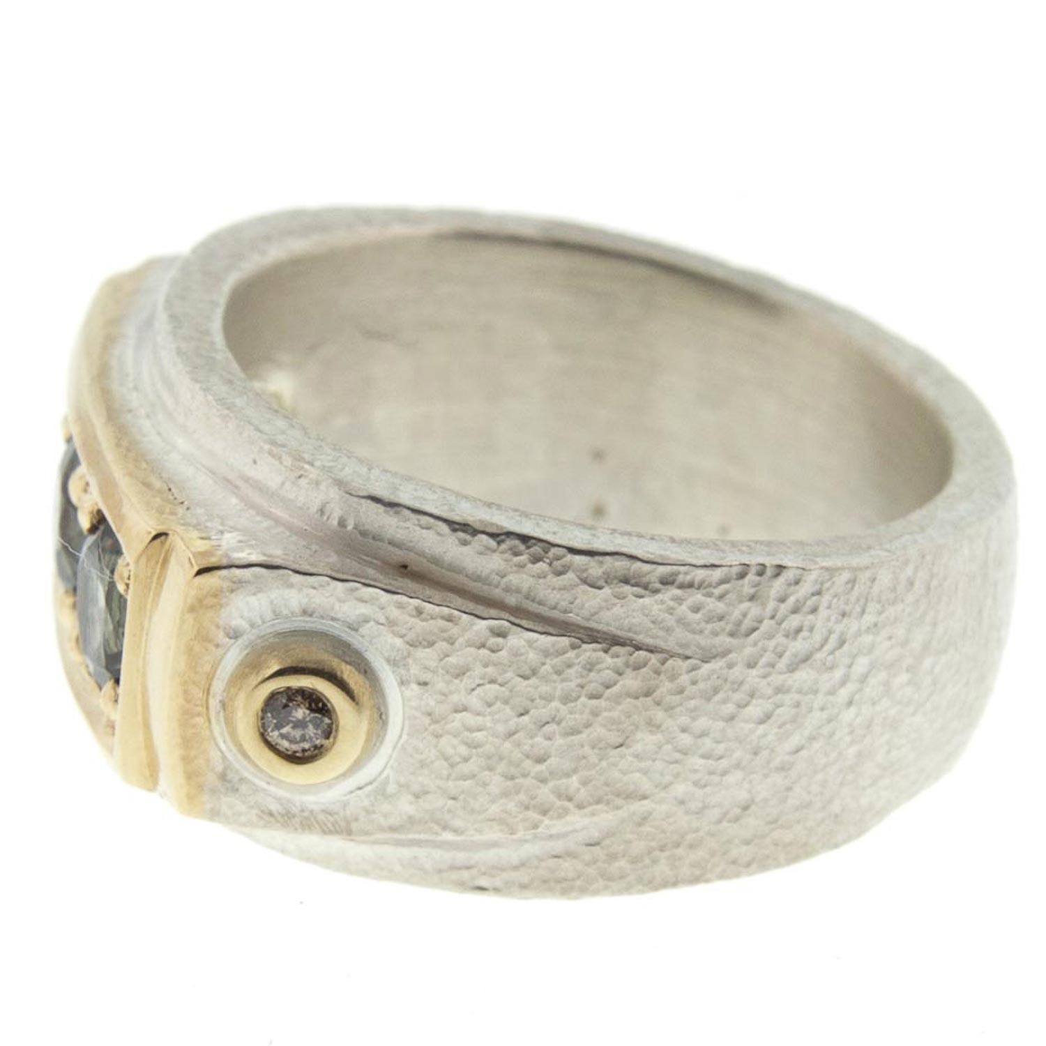 Alison Shiboski: .999 Silver and 14K 3 Green Sapphire Ring 1.62tcw 2 Champagne Diamonds .06tcw