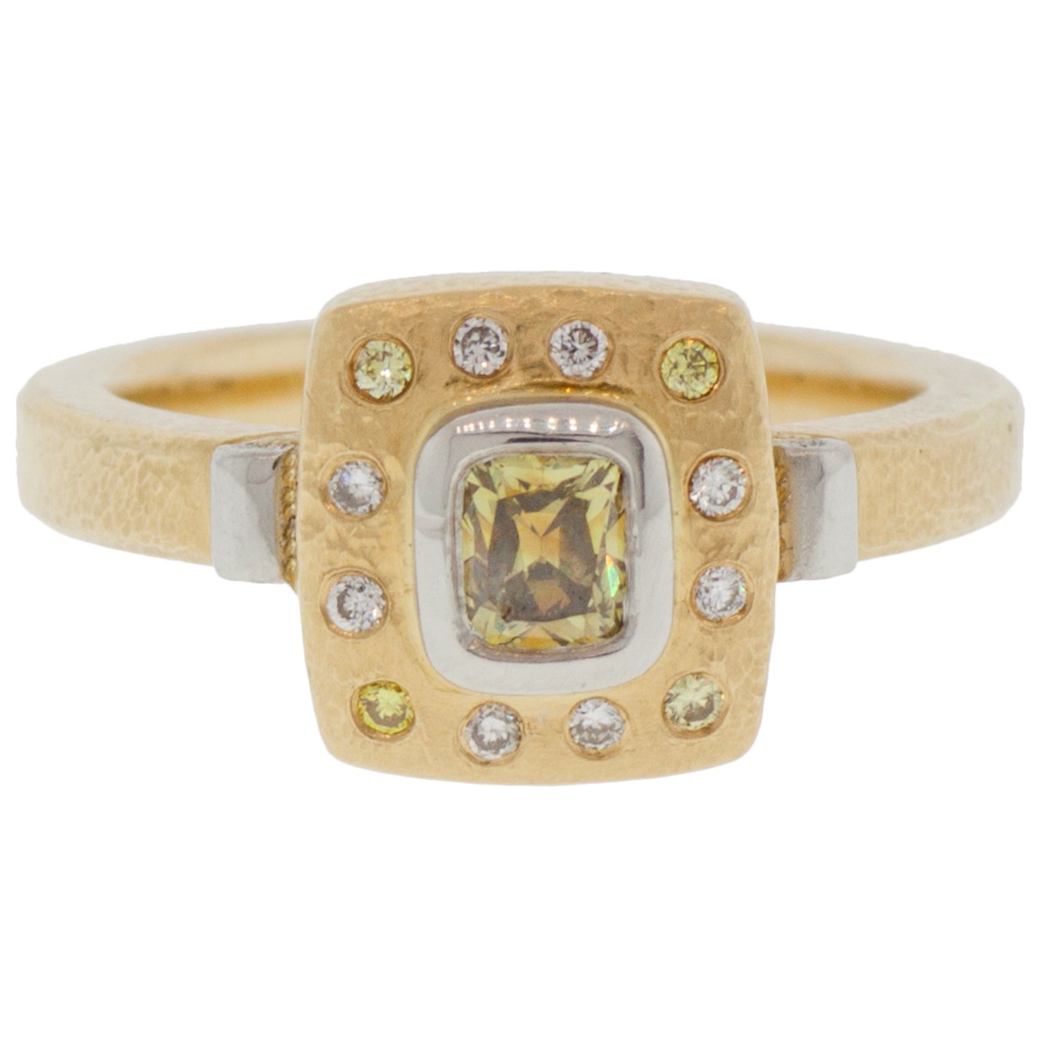 Alison Shiboski: 18K, Platinum, Green Diamond Cushion Fancy Ring w/ Yellow and White Diamonds Around .25 and .15tcw