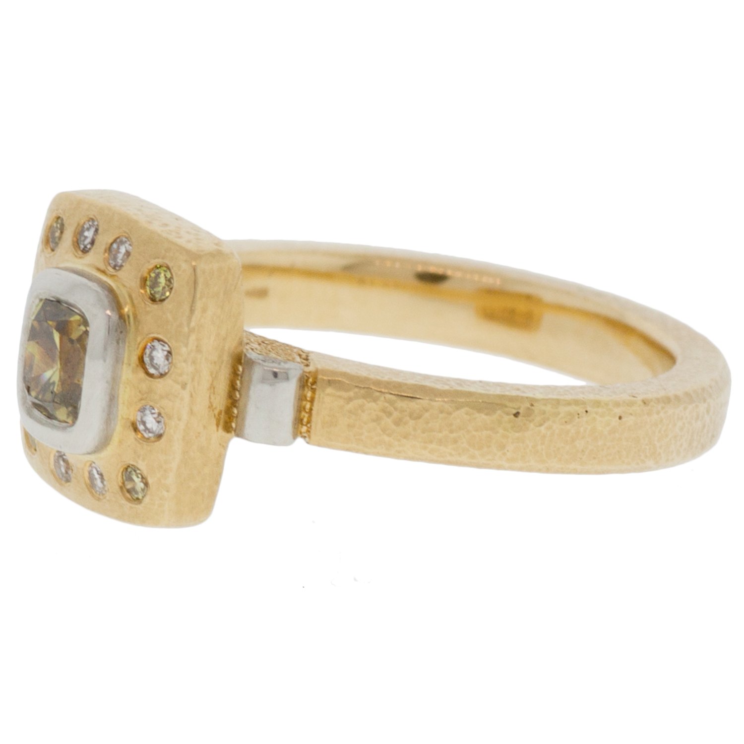 Alison Shiboski: 18K, Platinum, Green Diamond Cushion Fancy Ring w/ Yellow and White Diamonds Around .25 and .15tcw