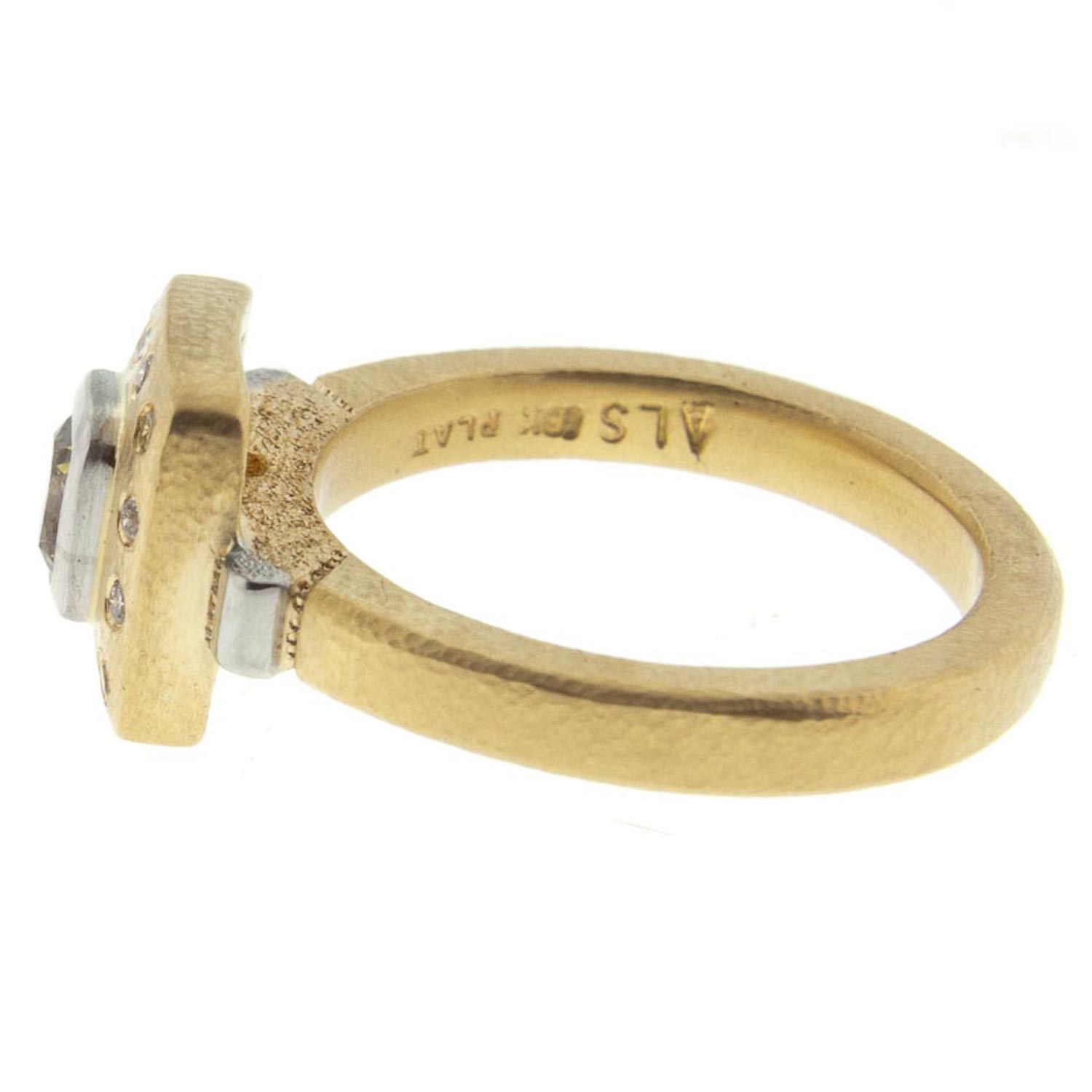 Alison Shiboski: 18K, Platinum, Green Diamond Cushion Fancy Ring w/ Yellow and White Diamonds Around .25 and .15tcw