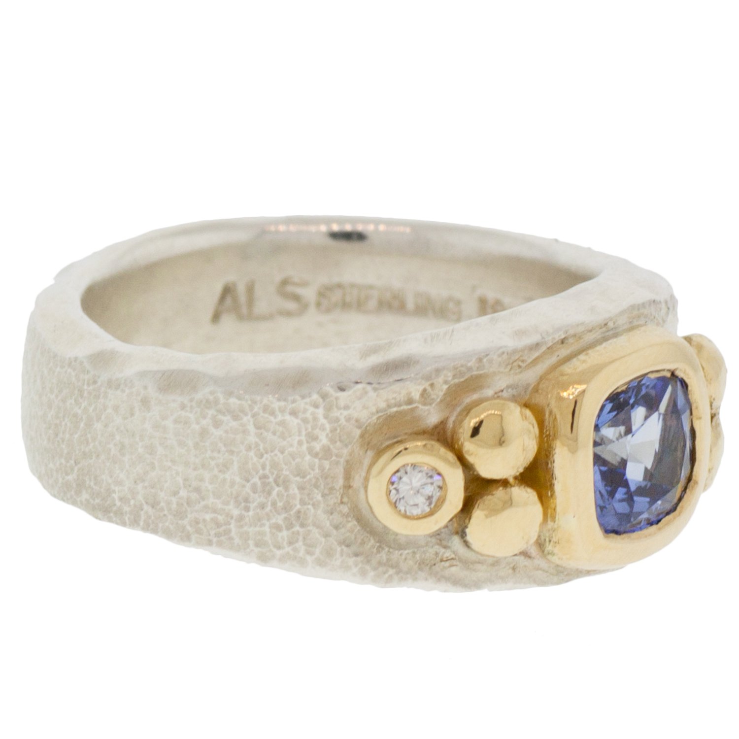 Alison Shiboski: SS & 18k Gold w/ Blue Sapphire 1.20cts Cushion Shape Ring w/ 2 Diamonds .06tcw