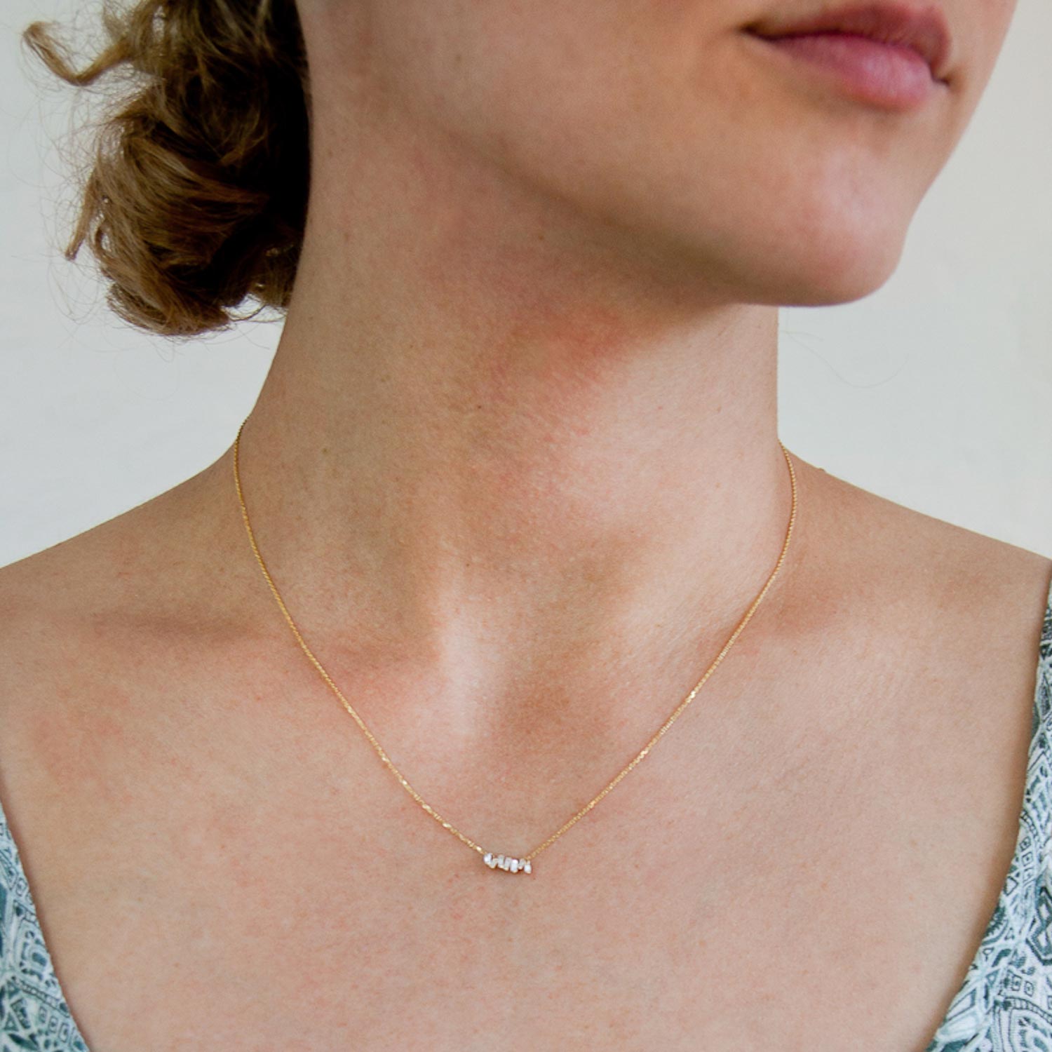 Sizanne Kalan: 18k Gold Mini Horizontal Zig Zag Necklace .12ct White Diamond Baguette on Fireworks Setting