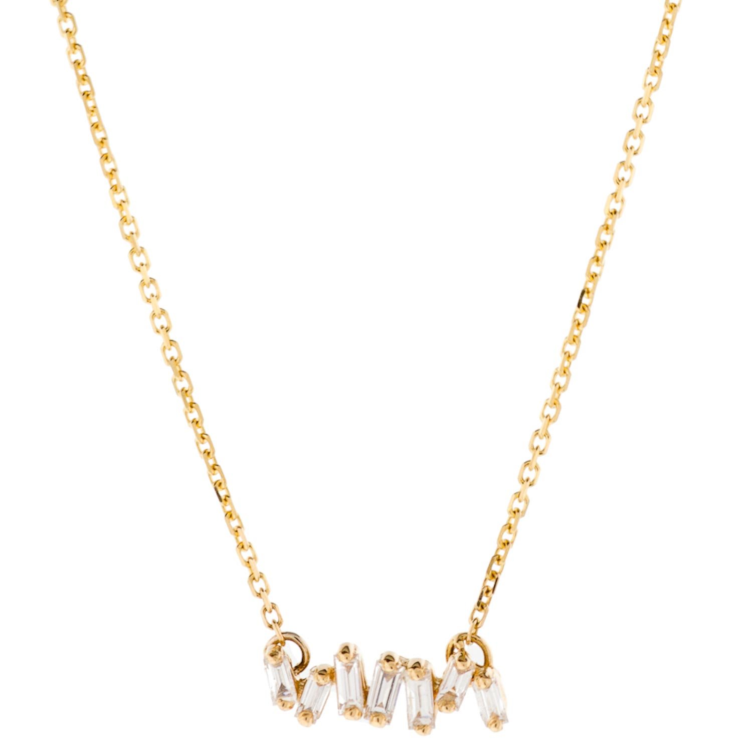 Sizanne Kalan: 18k Gold Mini Horizontal Zig Zag Necklace .12ct White Diamond Baguette on Fireworks Setting