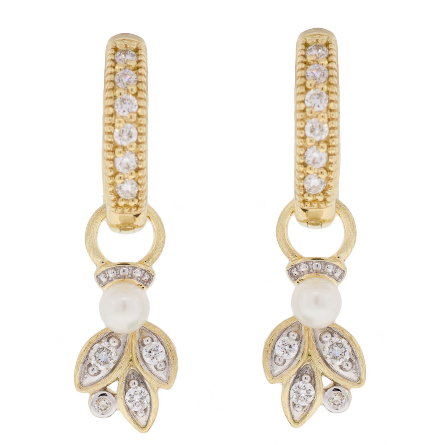 Jude Frances: Earring Charms, Delicate, Leaf, Pearl, Diamonds .103TCW, 18K Yellow Gold, PAIR.