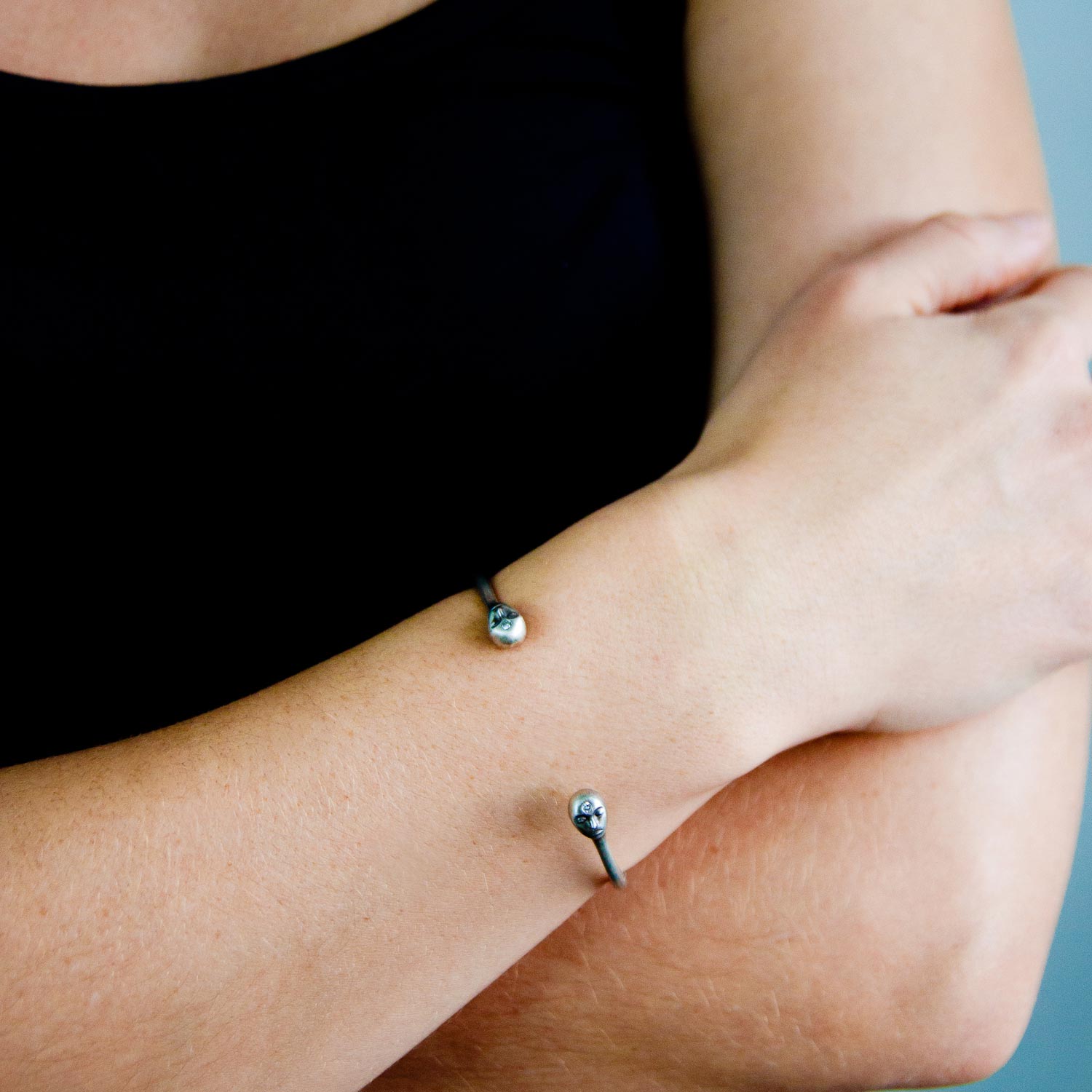 Hannah Blount: Oxidized Silver Phatom Cameo Grey Lady Cuff with .06ct Antique Mine Cut Diamond Size Small