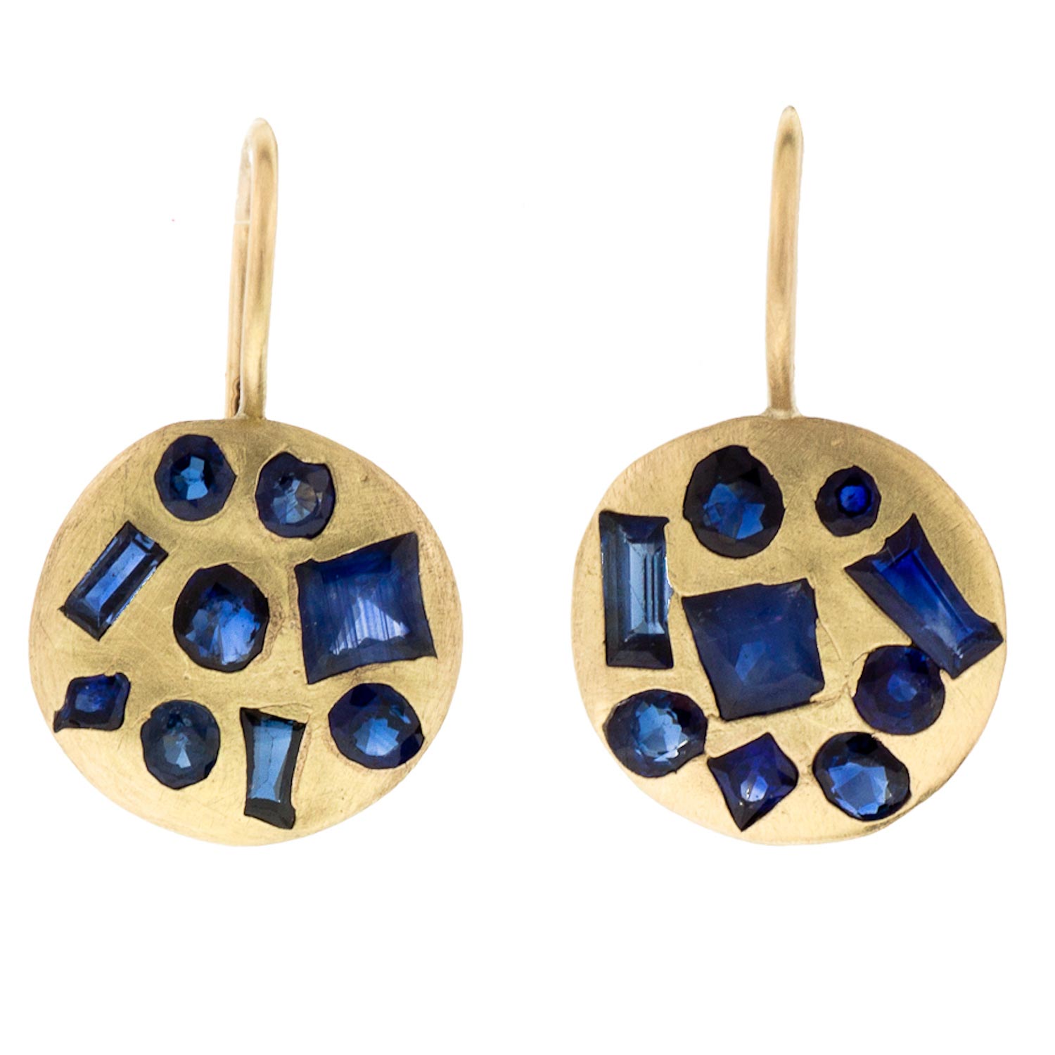 Polly Wales: Disc Hook Earrings with Mixed Cut Blue Sapphires (1.8ct)