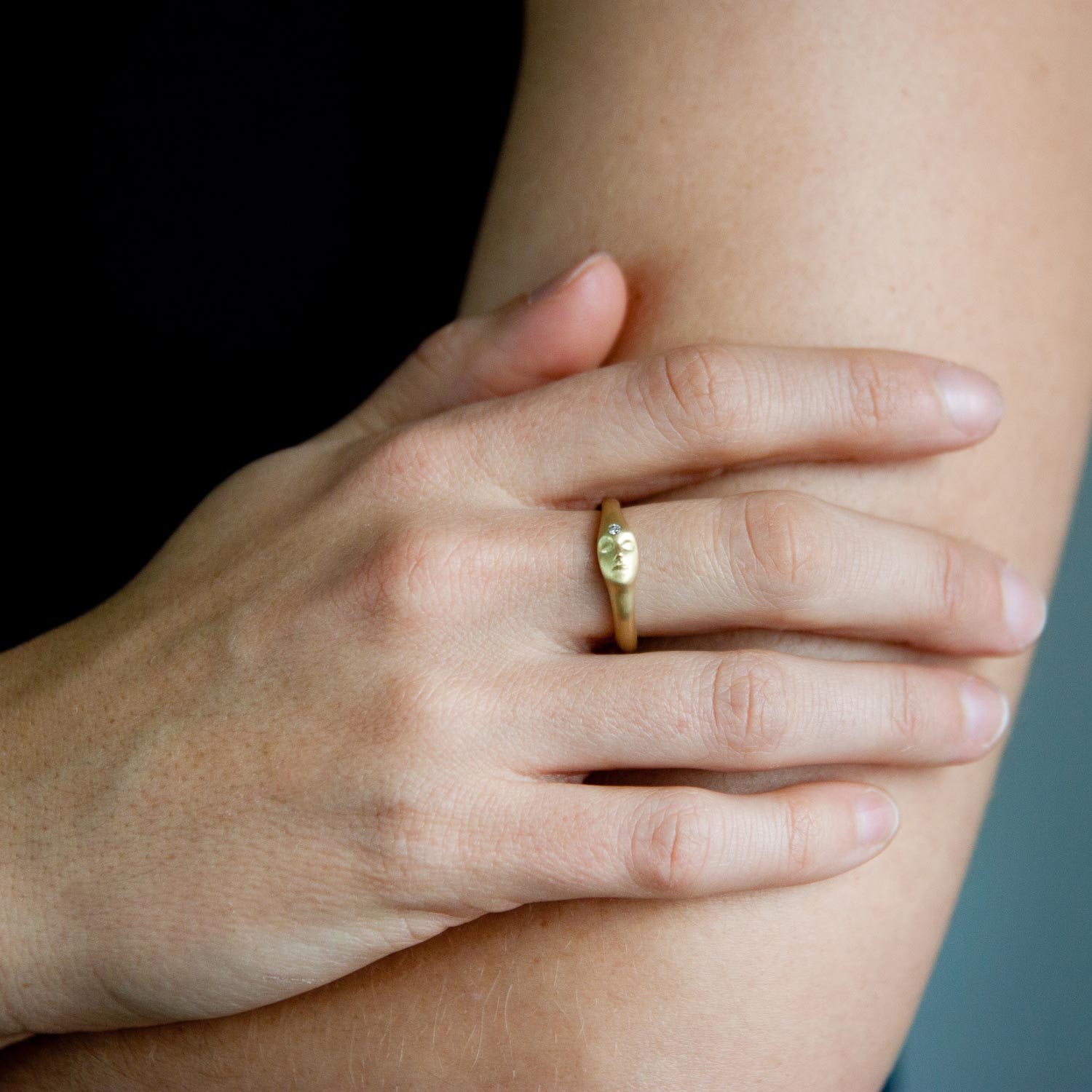 Hannah Blount: 18K Gold Little Grey Lady Ring with .01ct Antique Mine Cut Diamond