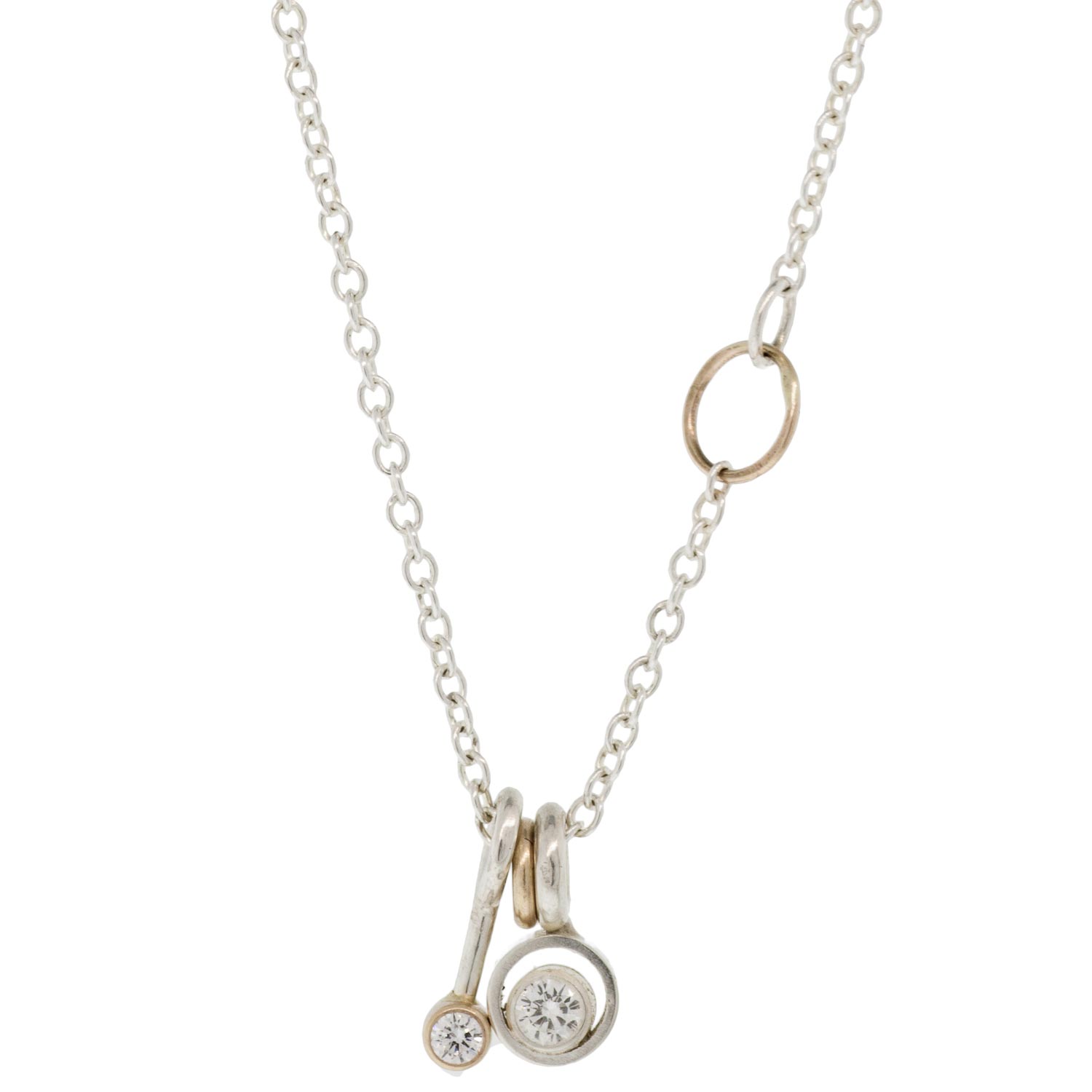 Jane Hollinger: SS Necklace w/ One .05ct Diamond in Double Bezel .03ct Diaomnd in 14k & SS Stick Piece 14k Accent ings