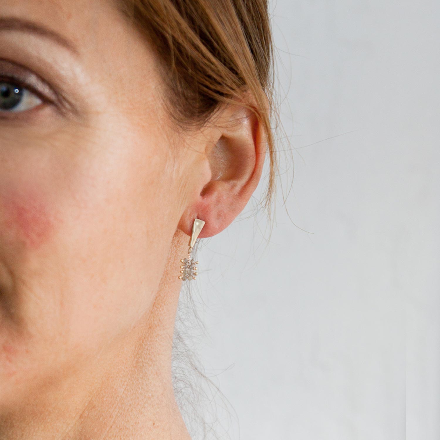 Rebecca Overmann: Forged triangle Woven Rondelle Earrings in 14k Gold