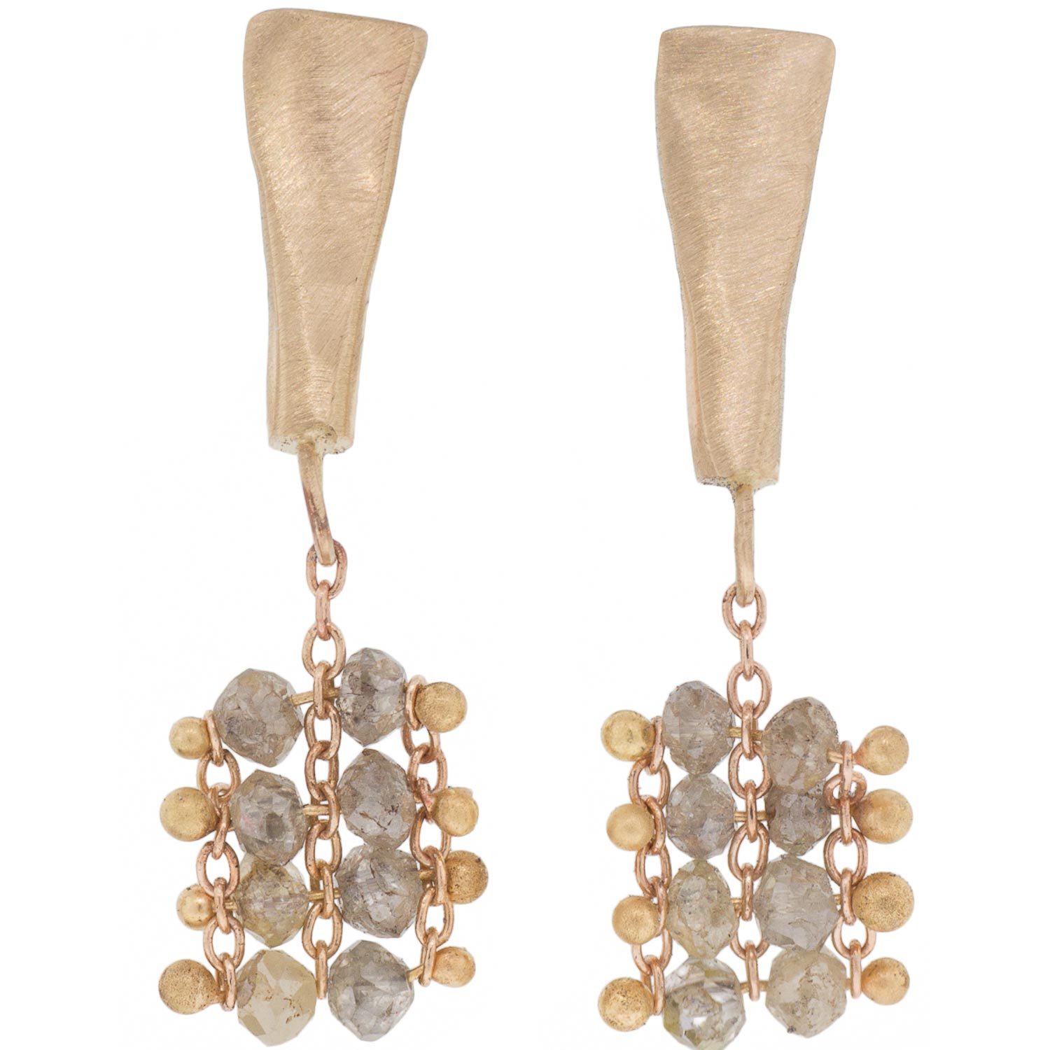 Rebecca Overmann: Forged triangle Woven Rondelle Earrings in 14k Gold