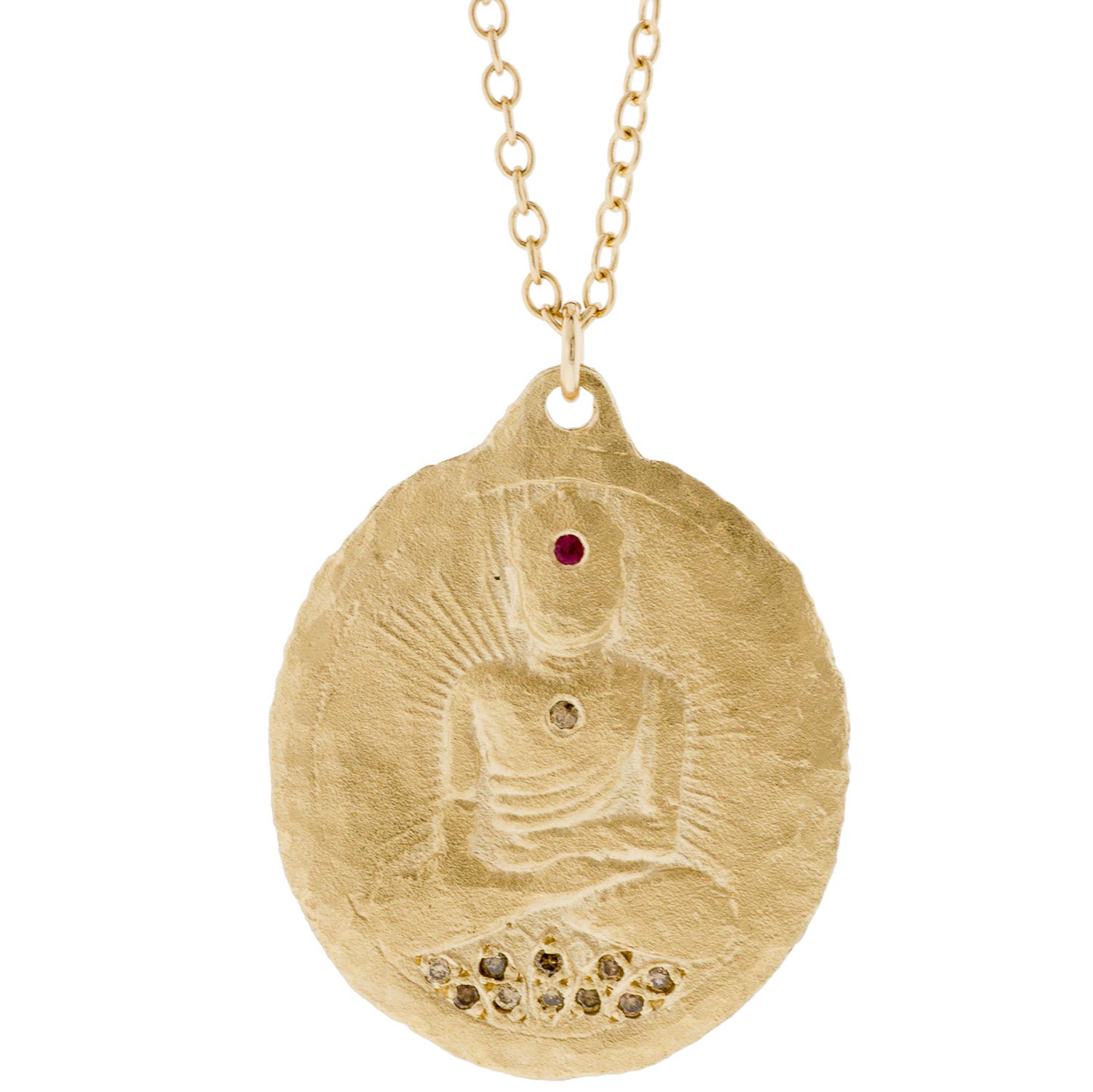 Victoria Cunningham: Necklace, Buddha, Ruby, Diamonds, 14K yellow gold. Chain measures 18", Pendant measures 1" x 3/4" including bail