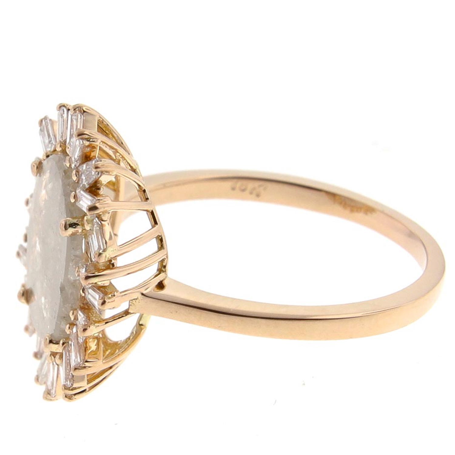 Suzanne Kalan: 18k Rose Gold One Of A Kind 1.31ct Grey Diamond Slice Center .55ct White Diamond Baguette on Fireworks Setting