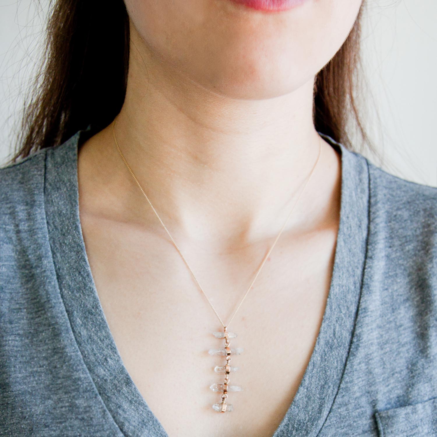 Melissa Joy Manning: 14k Yellow Gold & Pink Gold Slovakei Quartz Crystal FIve Drop Necklace