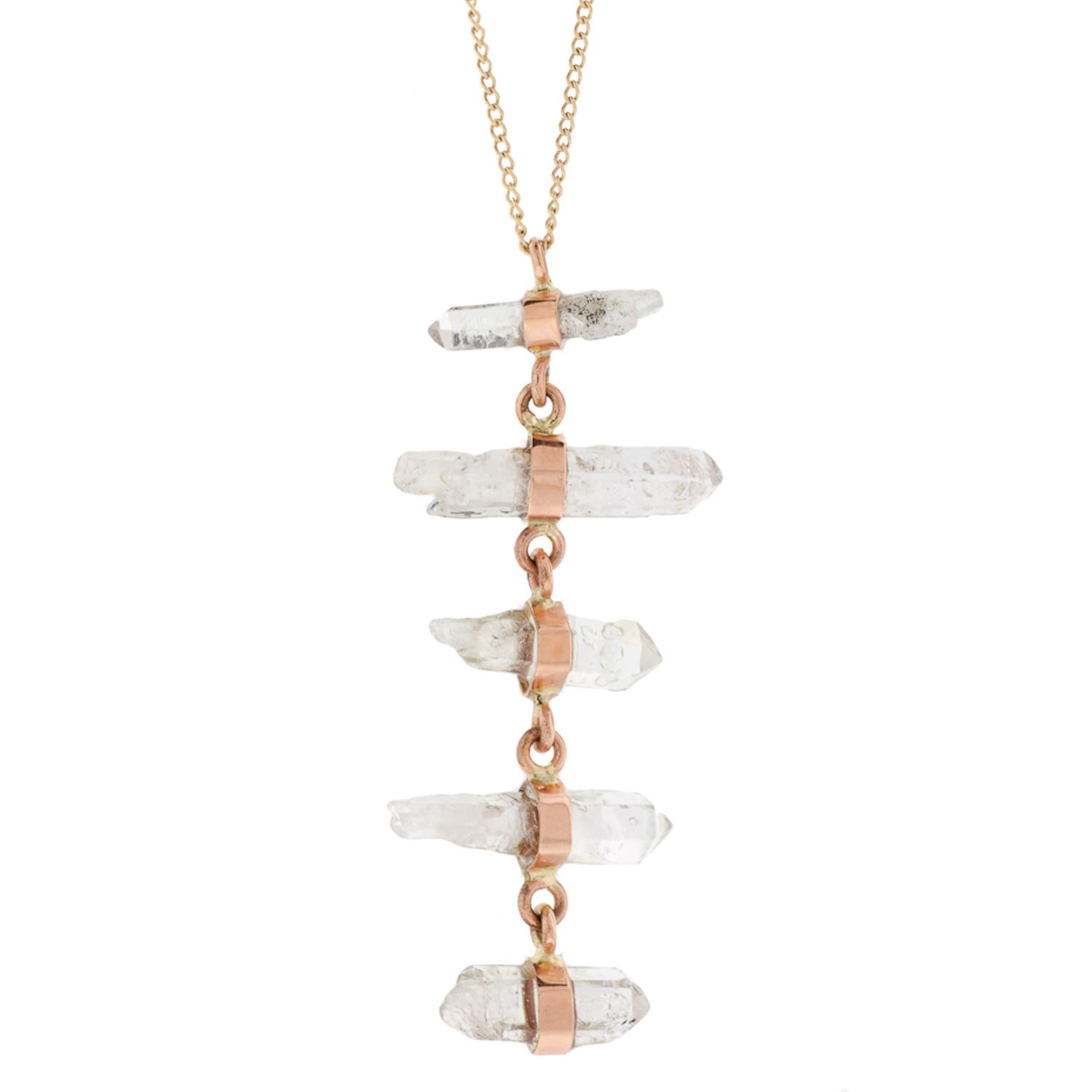 Melissa Joy Manning: 14k Yellow Gold & Pink Gold Slovakei Quartz Crystal FIve Drop Necklace