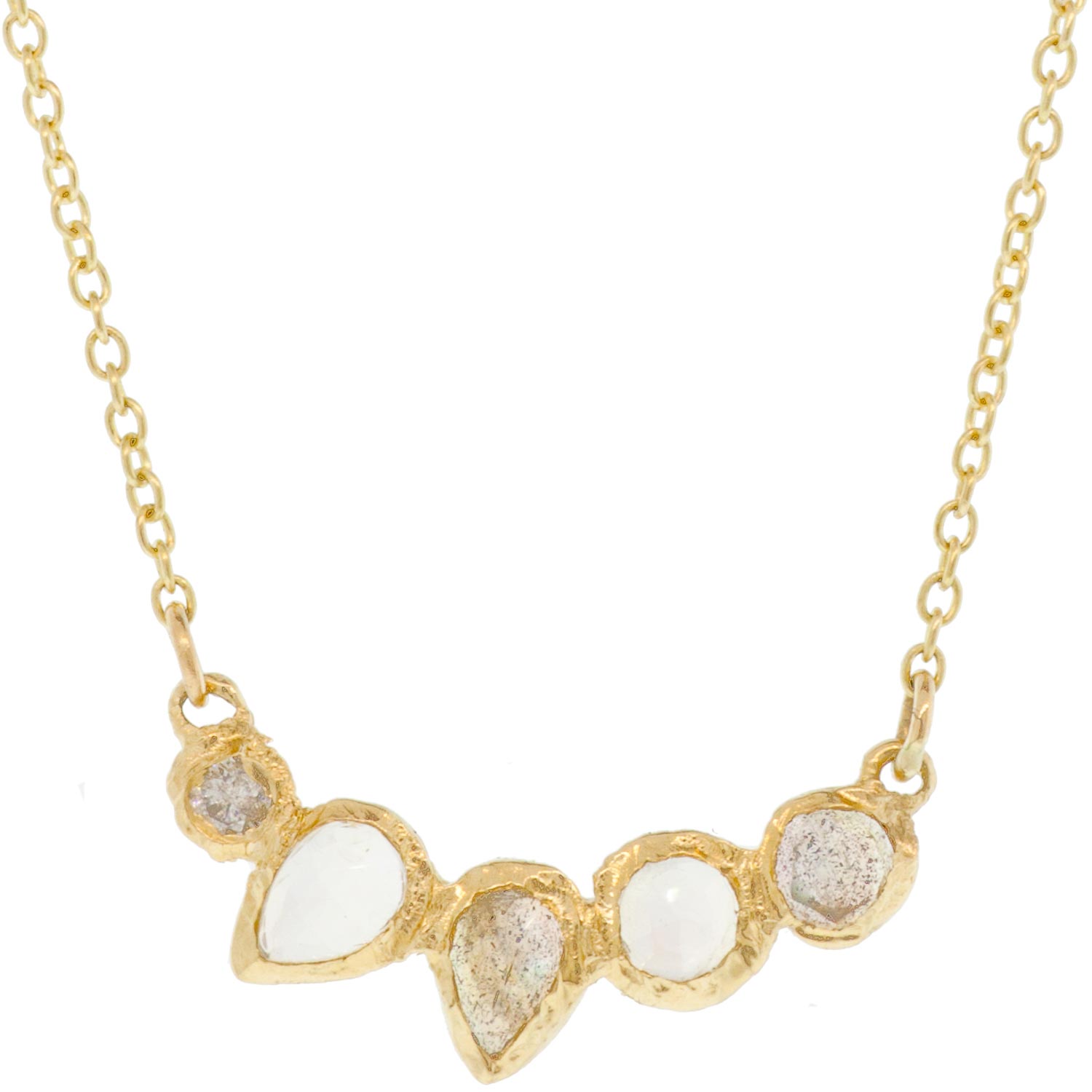 Misa Jewelry: Necklace, Water Lily, Grey diamond, Labradorite, Rainbow moonstone, 14K yellow gold, 17 in length