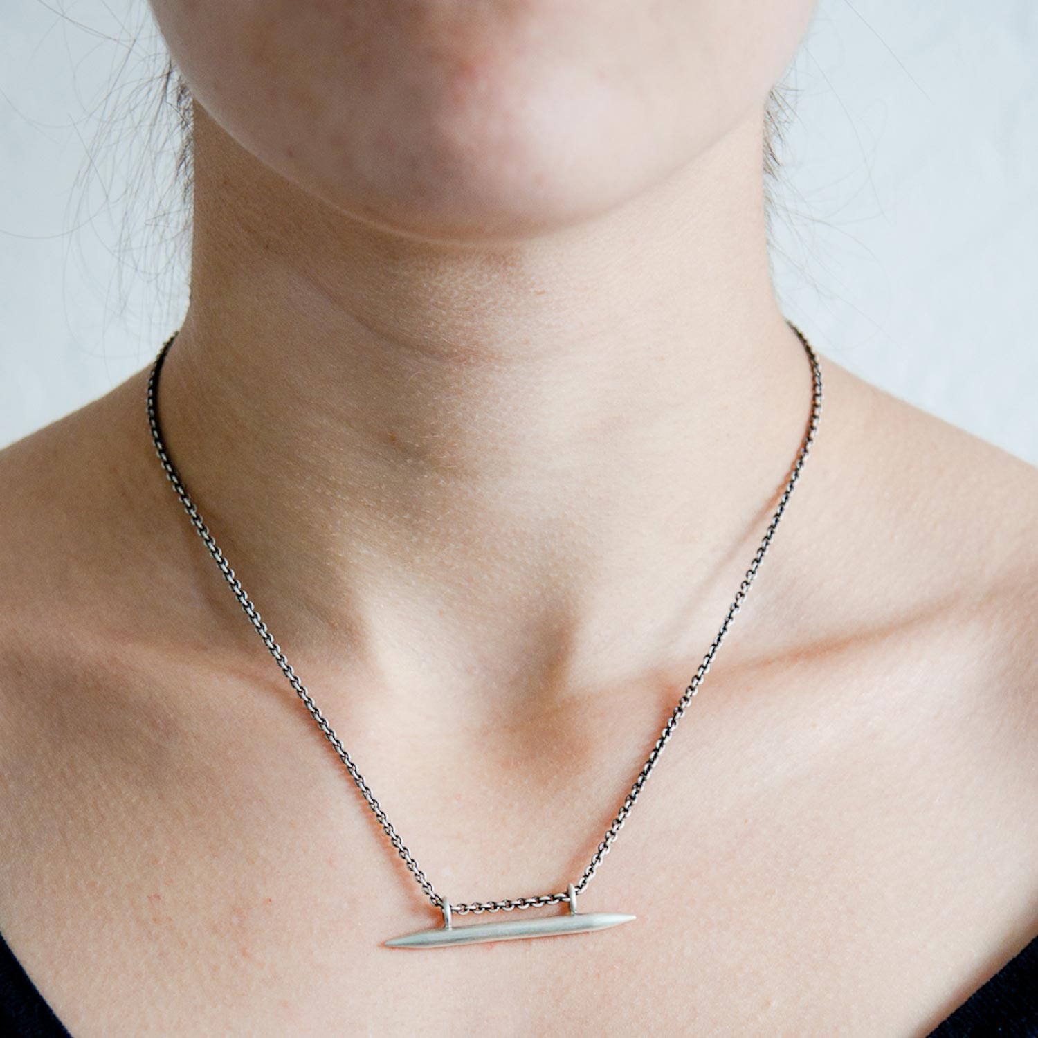 Jane Diaz: Tapered Bar Amulet Necklace in SS on Round Link Chain