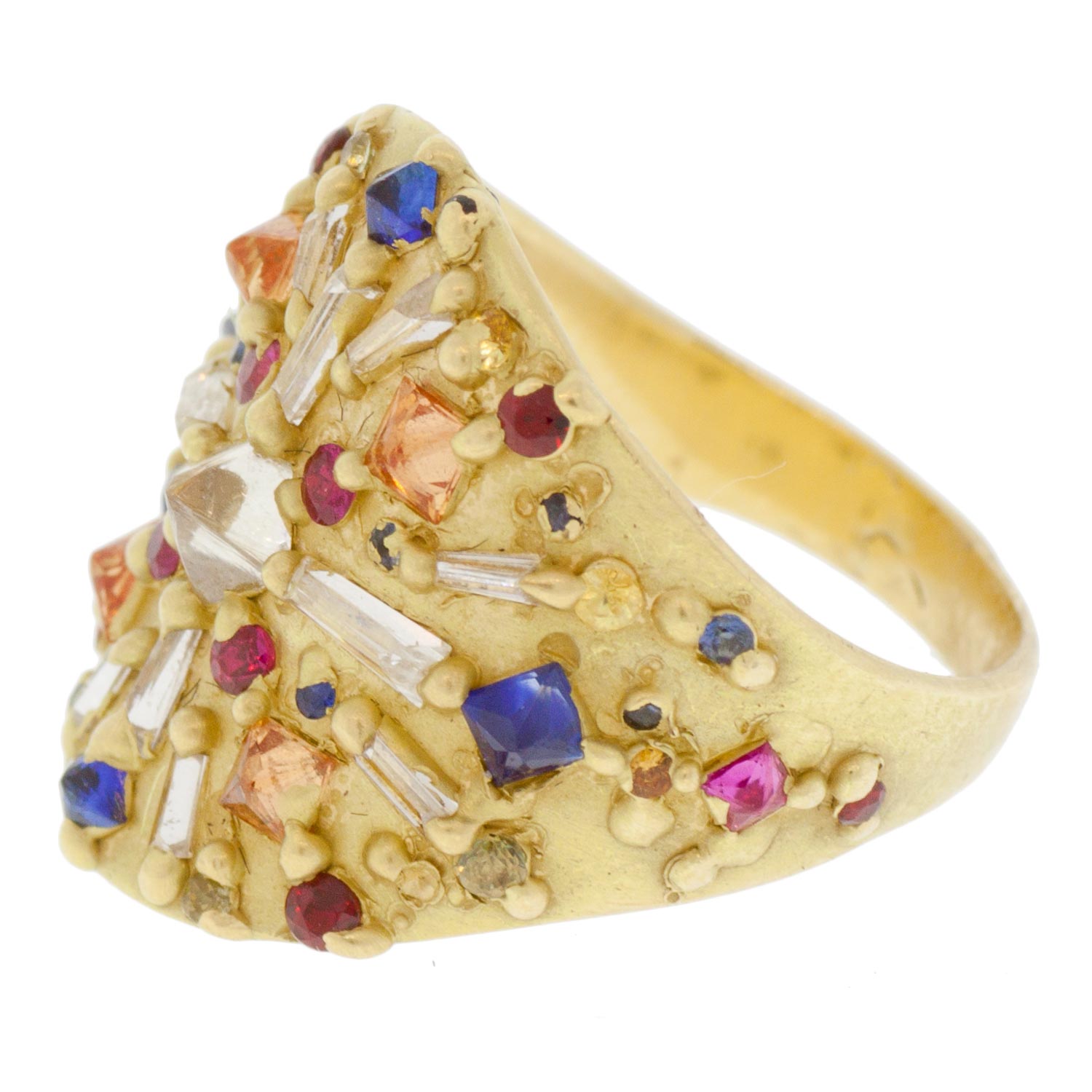 Polly Wales: 18K Gold Diamond Ourika Shield Ring with Swan Octohedron and Baguette Diamonds and Mixed Cut Rianbow Sapphires .7555ct