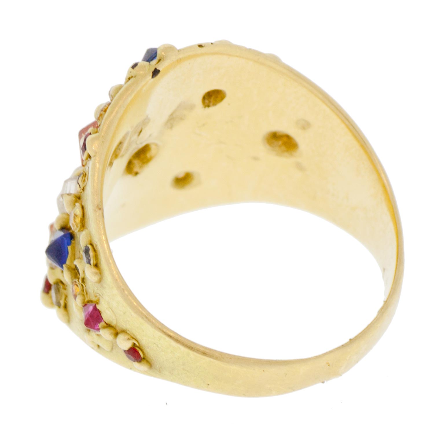 Polly Wales: 18K Gold Diamond Ourika Shield Ring with Swan Octohedron and Baguette Diamonds and Mixed Cut Rianbow Sapphires .7555ct