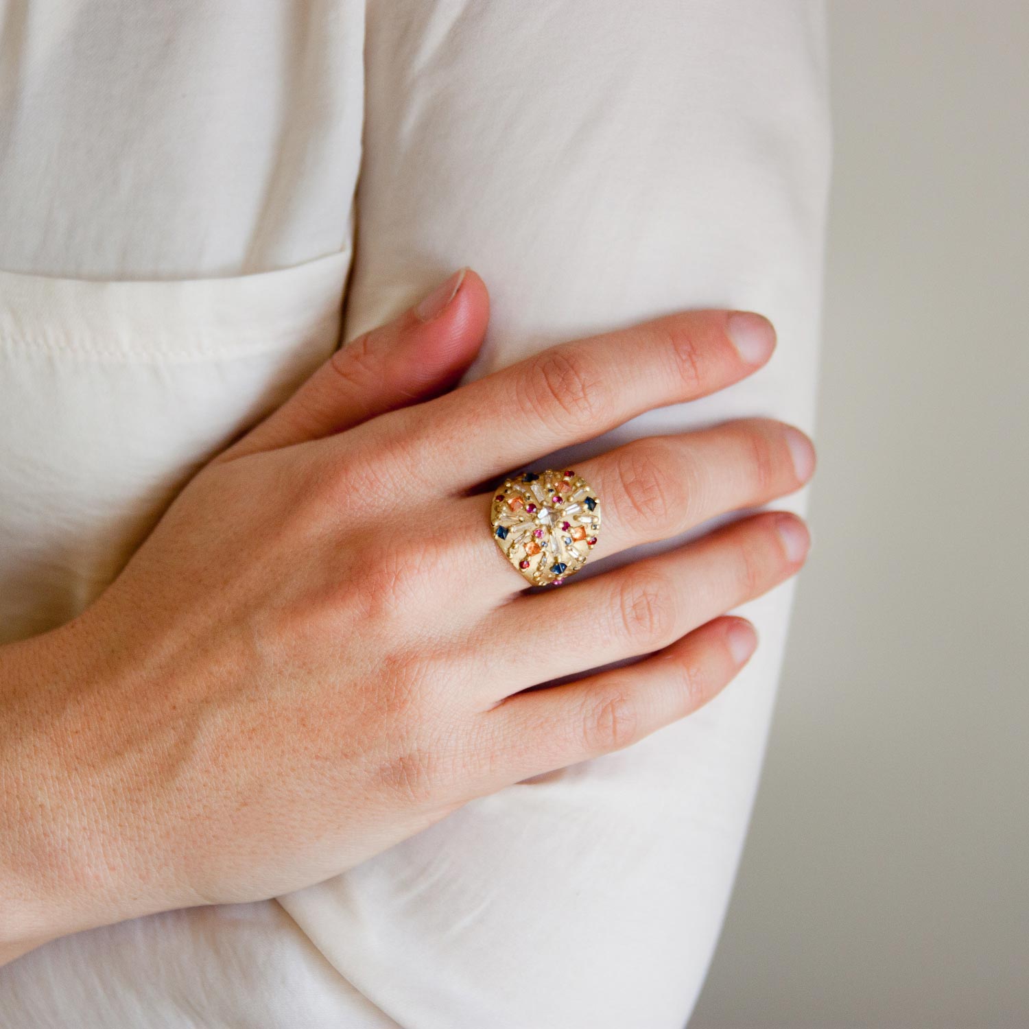 Polly Wales: 18K Gold Diamond Ourika Shield Ring with Swan Octohedron and Baguette Diamonds and Mixed Cut Rianbow Sapphires .7555ct
