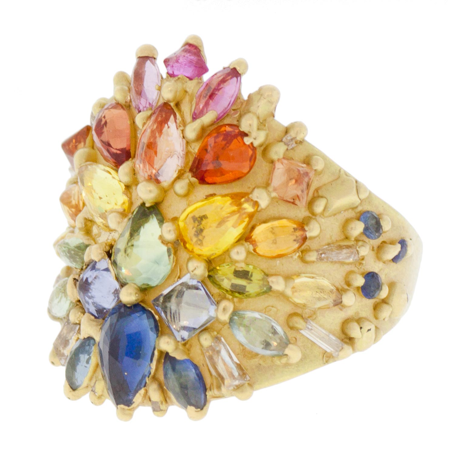 Polly Wales: 18K Gold Ourika Rainbow Butterfly Shield Ring Encrusted with Large Multi Colored Pear and Marquise Sapphires, with Baguette diamonds and Rainbow Sapphires 3.95ct Sapphires, .34ct Diamonds