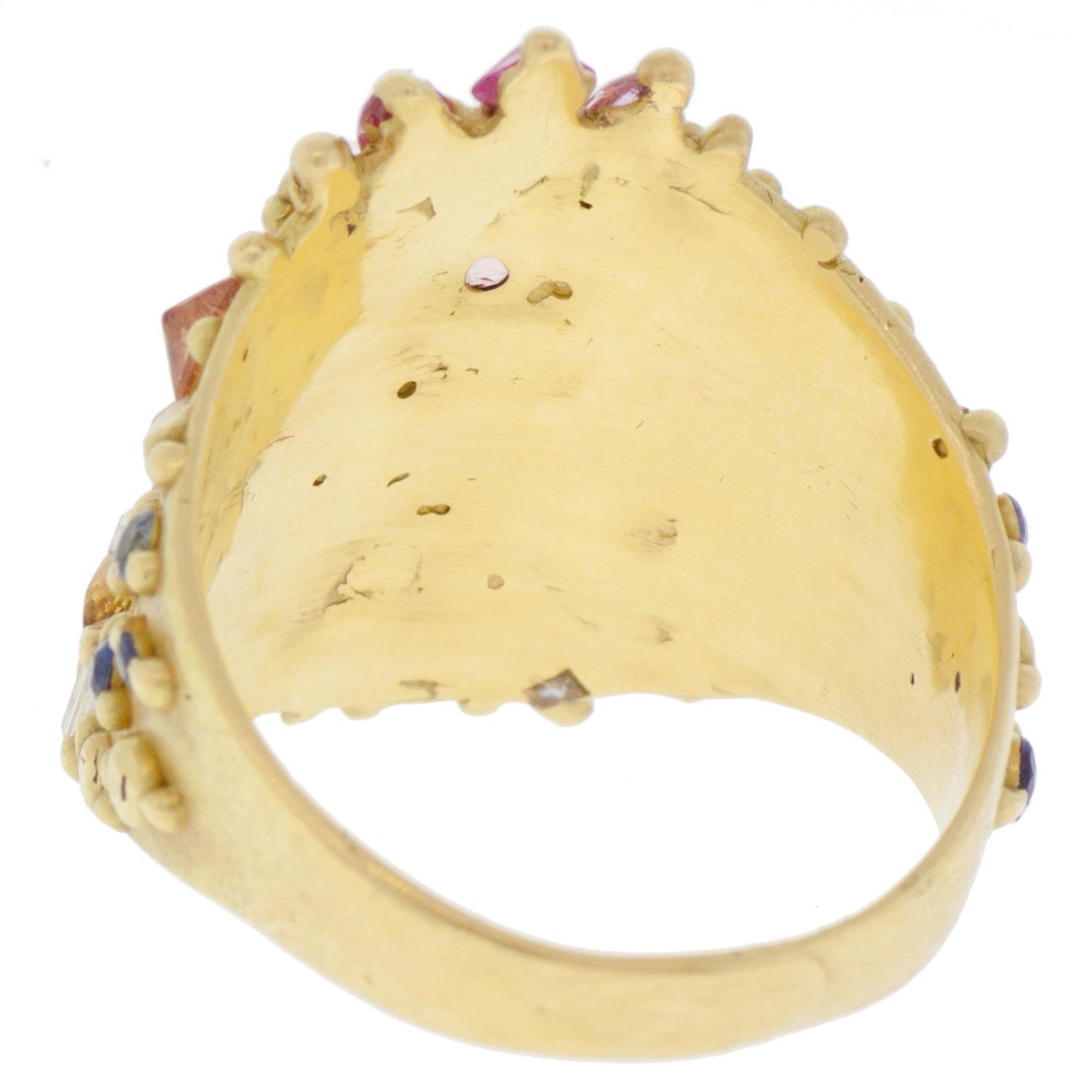 Polly Wales: 18K Gold Ourika Rainbow Butterfly Shield Ring Encrusted with Large Multi Colored Pear and Marquise Sapphires, with Baguette diamonds and Rainbow Sapphires 3.95ct Sapphires, .34ct Diamonds