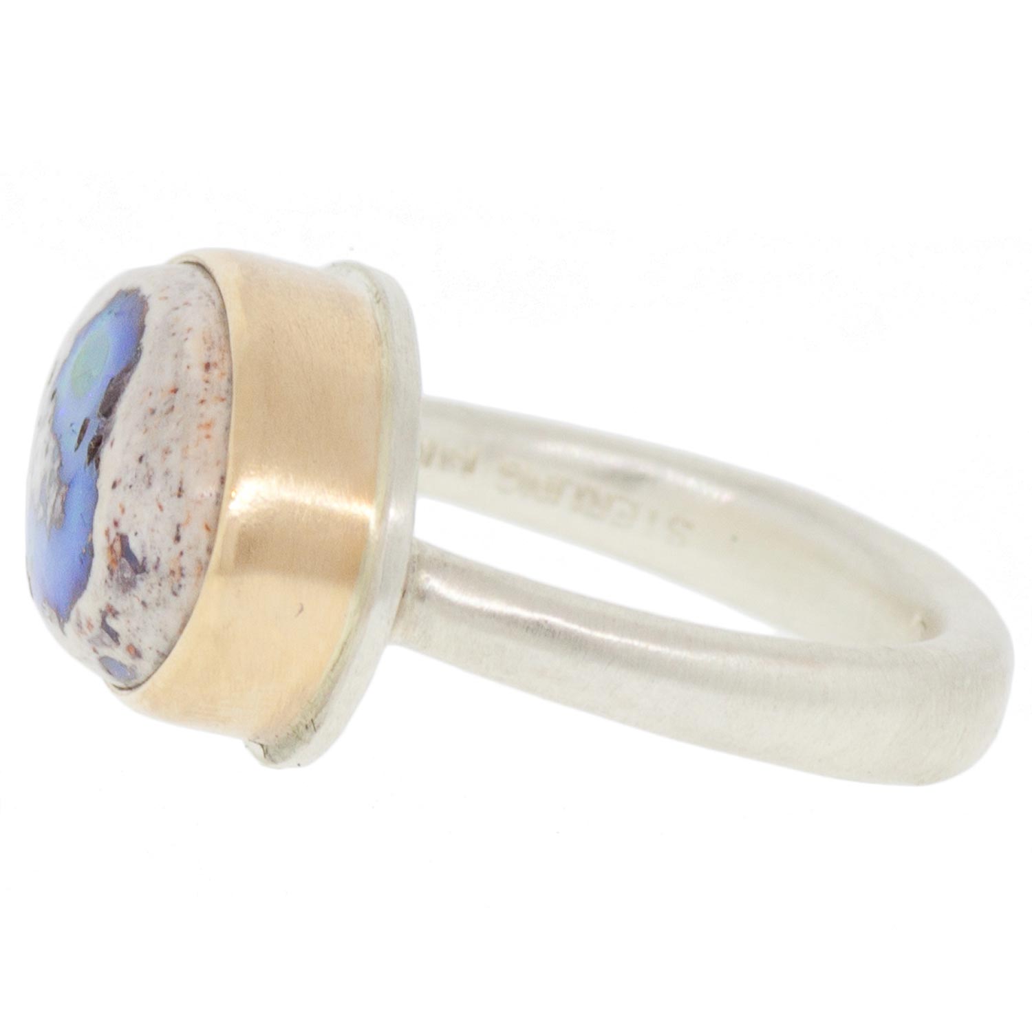 Jamie Joseph: SS & 14k Gold Ring w/ Smooth Asymmetrical Mexican Fire Opal on Egyptian Band Size 6.25