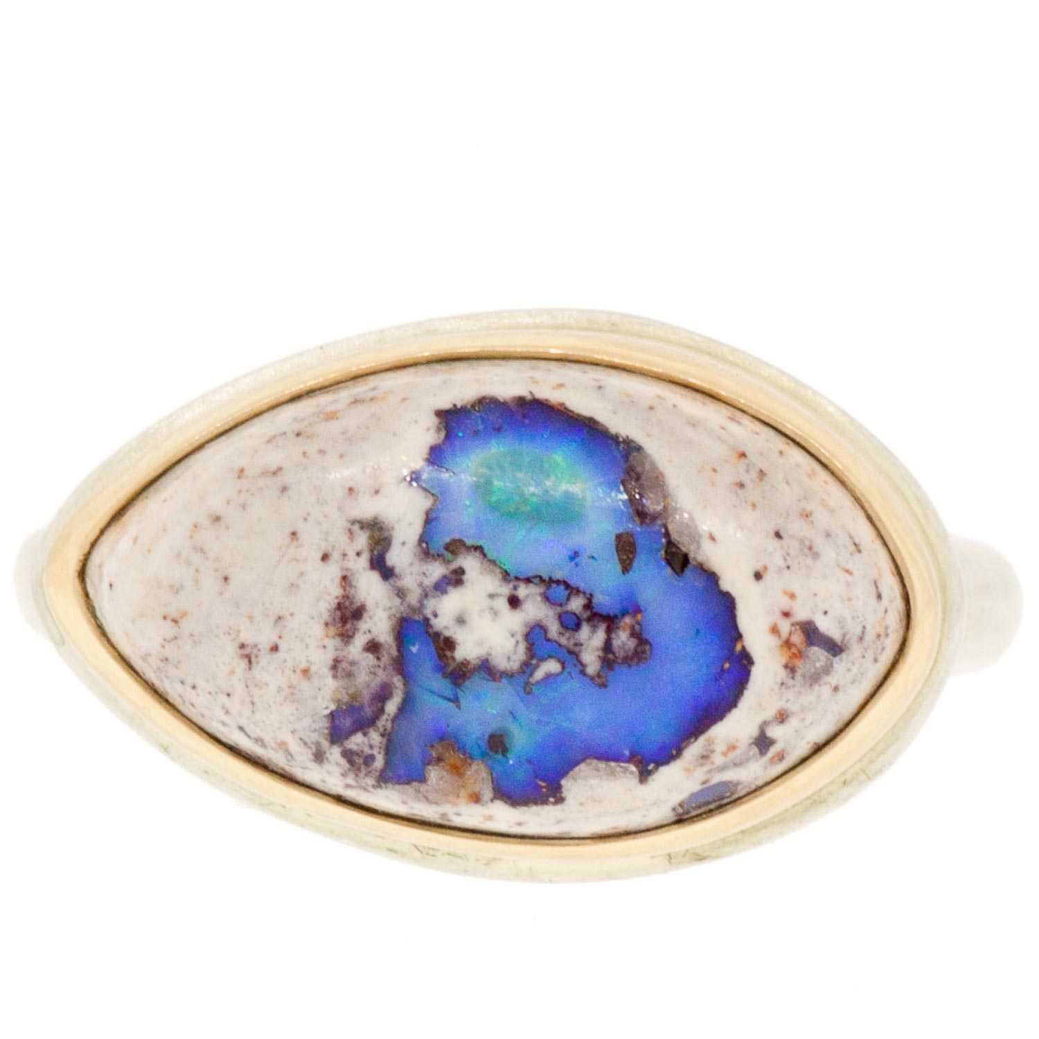 Jamie Joseph: SS & 14k Gold Ring w/ Smooth Asymmetrical Mexican Fire Opal on Egyptian Band Size 6.25