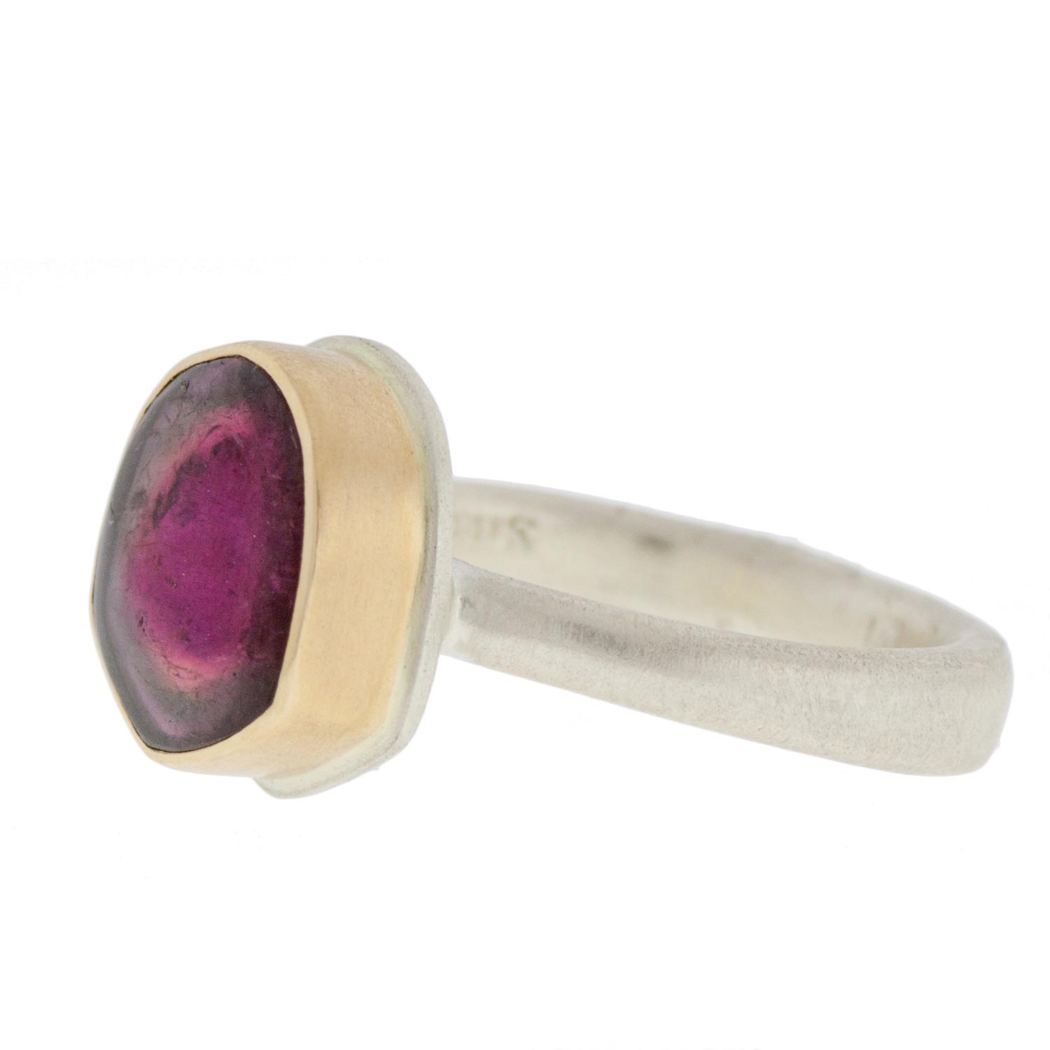 Jamie Joseph: SS & 14k Gold Ring w/ Small Asymmetrical Watermelon Tourmaline SLice on Egyptian Band