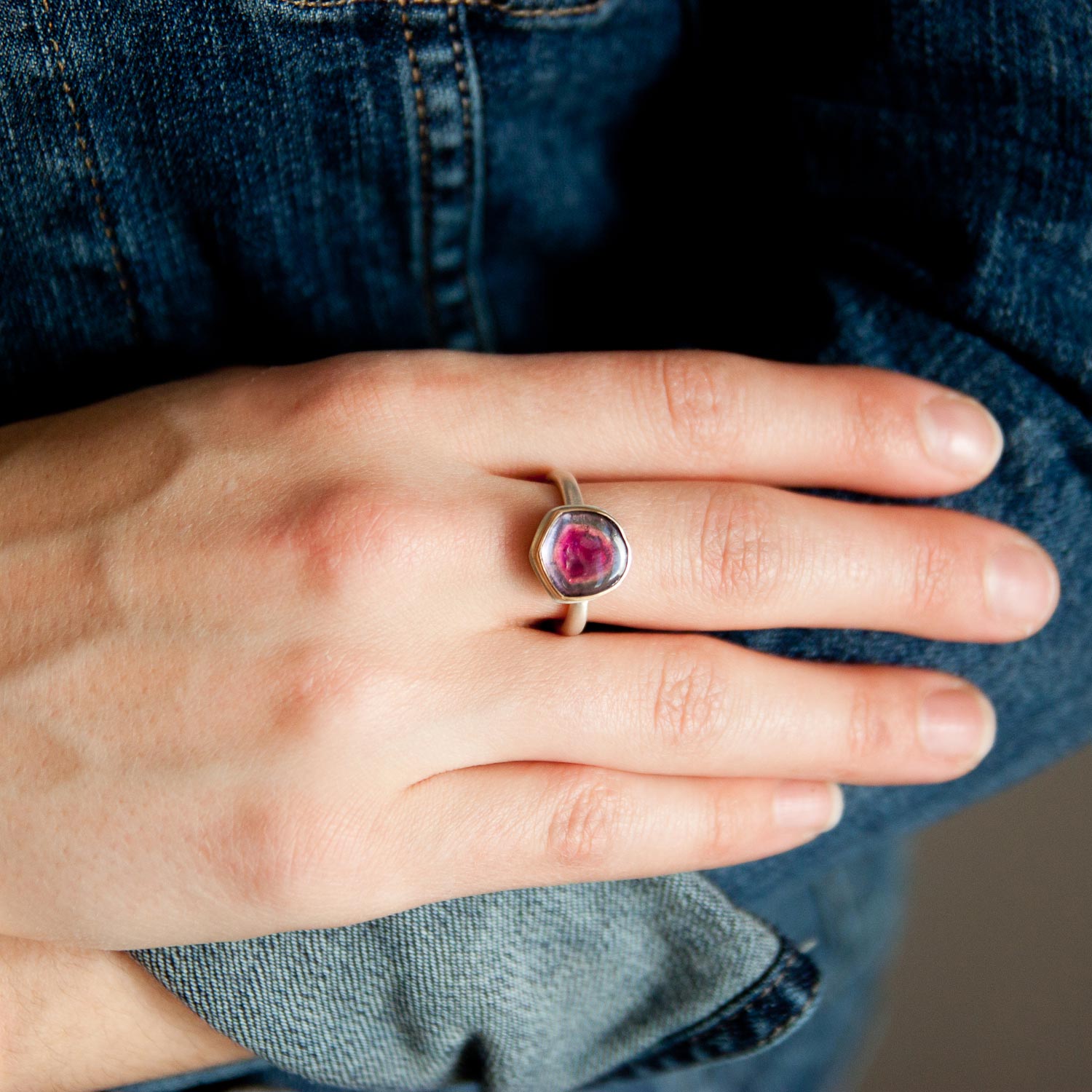 Jamie Joseph: SS & 14k Gold Ring w/ Small Asymmetrical Watermelon Tourmaline SLice on Egyptian Band