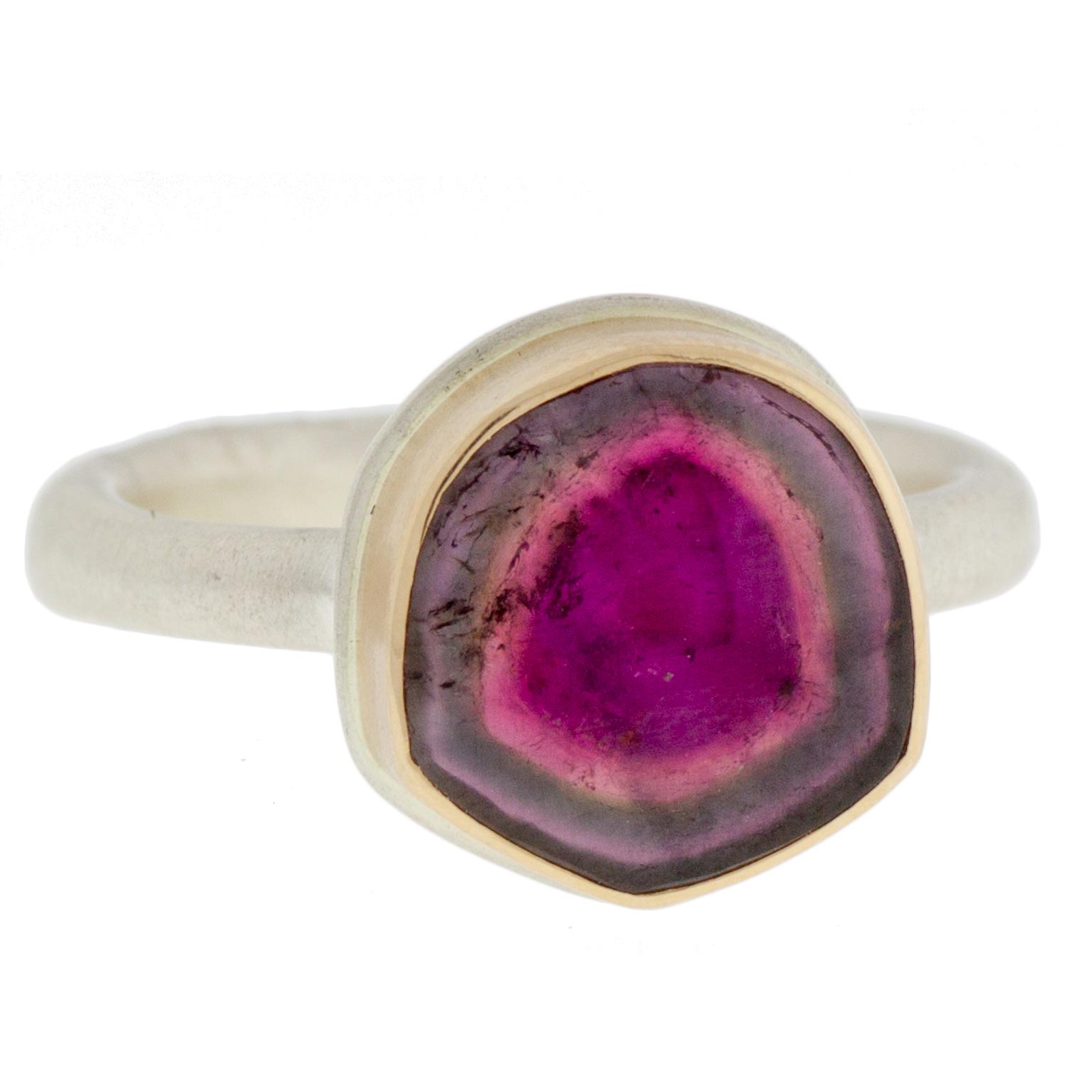 Jamie Joseph: SS & 14k Gold Ring w/ Small Asymmetrical Watermelon Tourmaline SLice on Egyptian Band