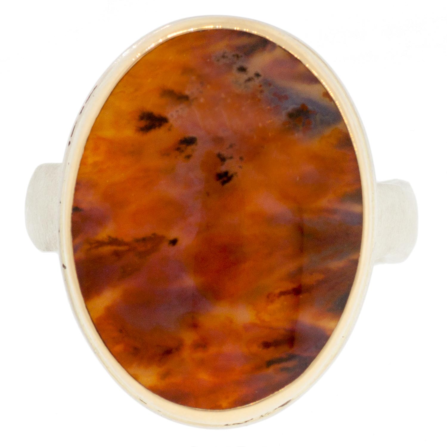 Jamie Joseph: SS & 14k Gold Ring w/ Vertical Oval Woodward Agate on Groovy Band