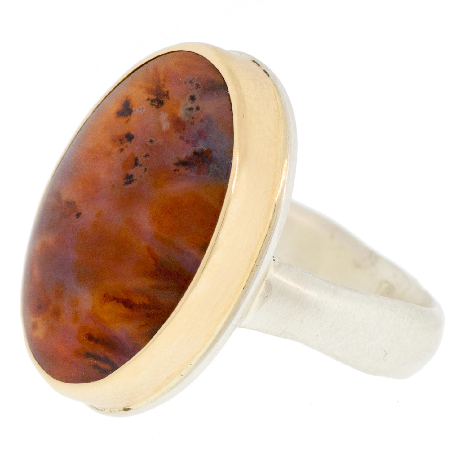 Jamie Joseph: SS & 14k Gold Ring w/ Vertical Oval Woodward Agate on Groovy Band