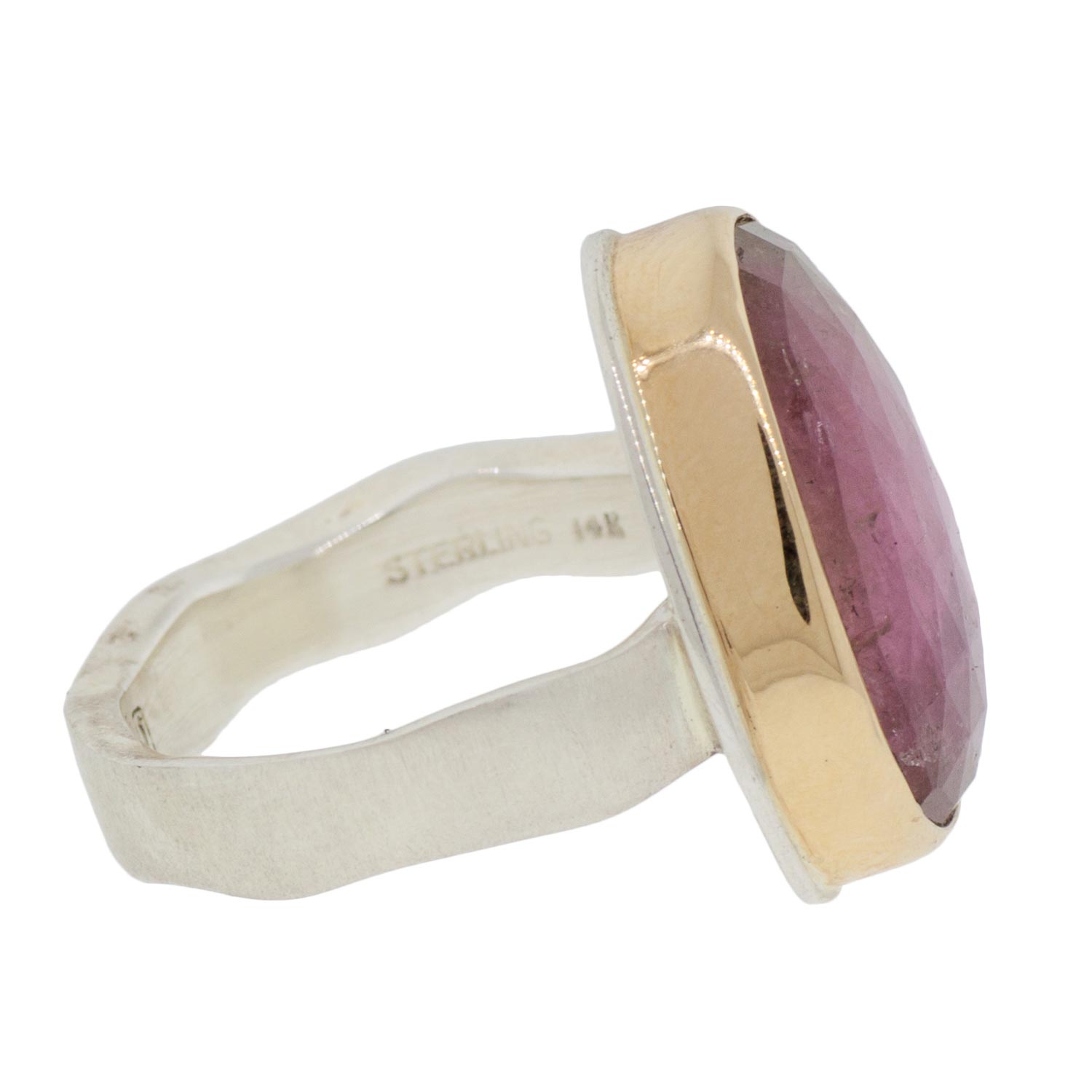 Jamie Joseph: SS & 14k Gold Ring w/ Vertical Asymmetrical Rose Cut Watermelon Tourmaline on Live Edge Band