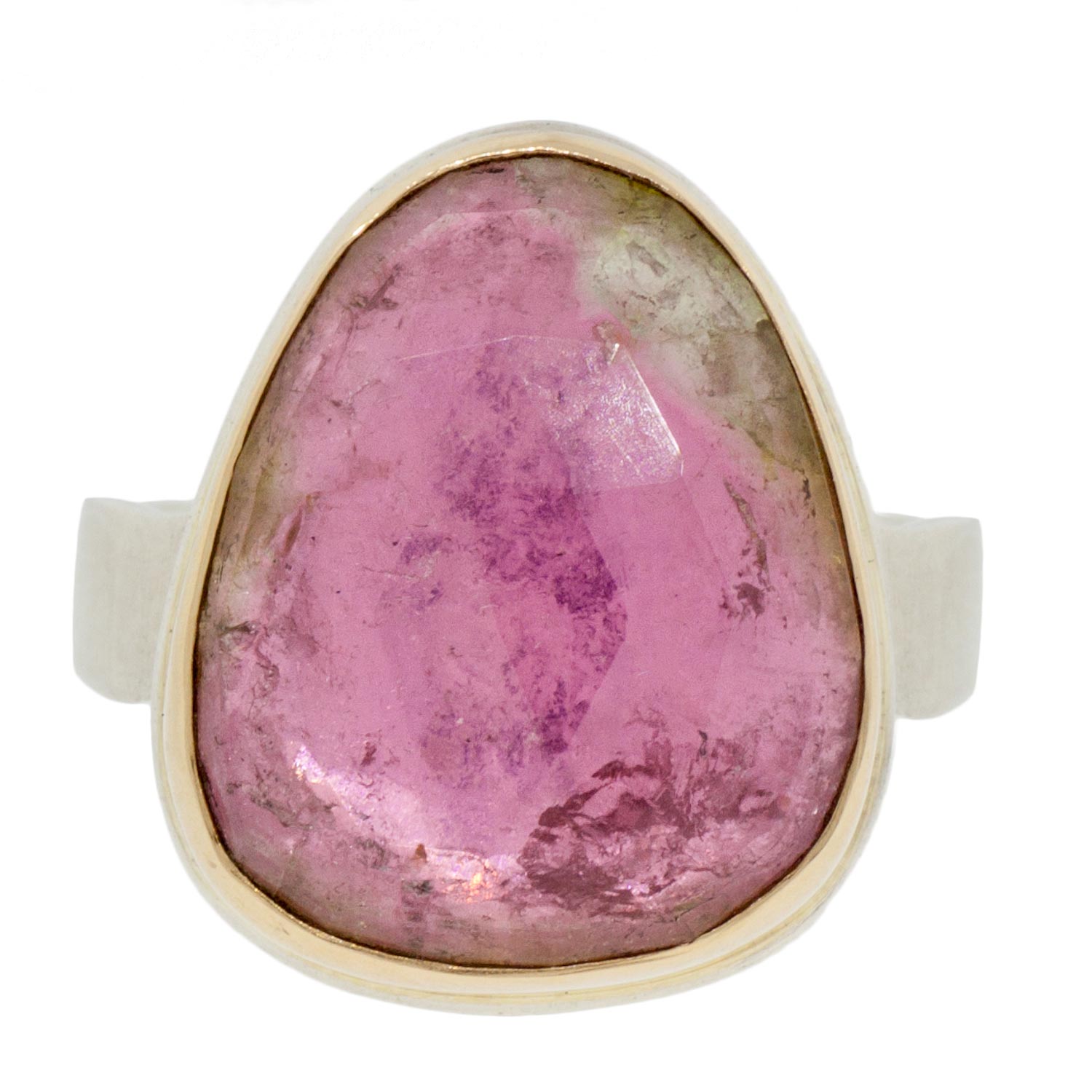 Jamie Joseph: SS & 14k Gold Ring w/ Vertical Asymmetrical Rose Cut Watermelon Tourmaline on Live Edge Band