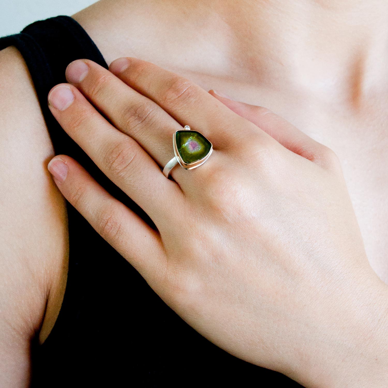 Jamie Joseph: SS & 14k Gold Ring w/ Vertical Asymmetrical SliceWatermelon Tournaline & .025ct Satellite Diamond on Medium Live Edge Band