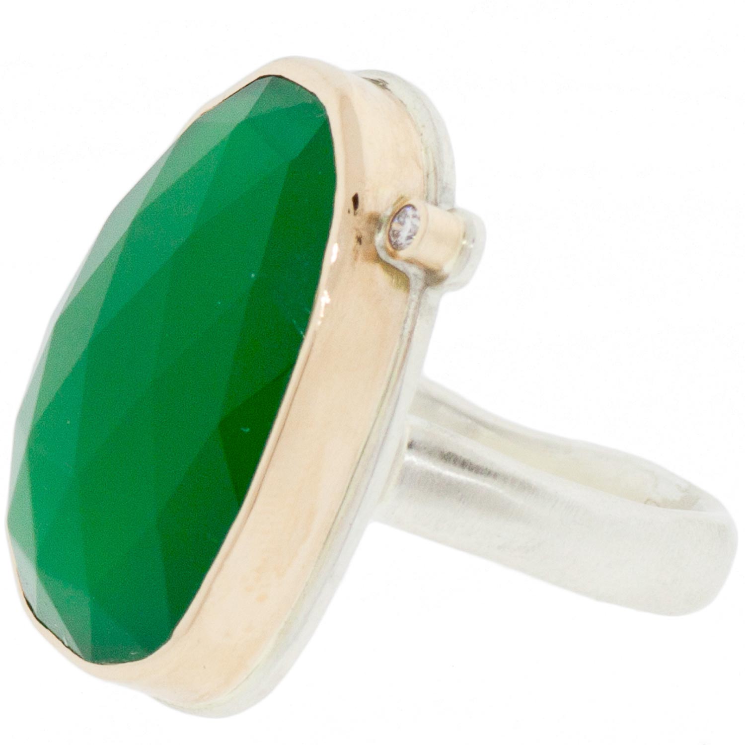 Jamie Joseph: SS & 14k Gold Ring w/ Vertical Asymmetrical Rose Cut Green Onyx & .025ct Satellite Dimond on Organic Band
