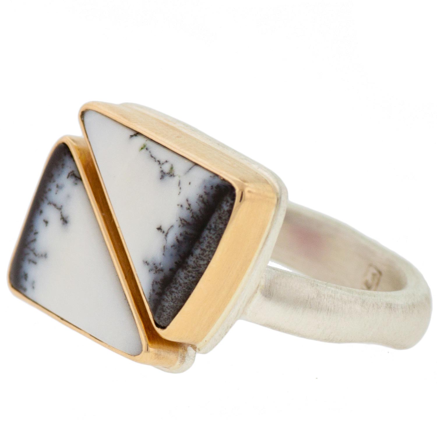 Jamie Joseph: SS & 14k Gold Ring w/ Double Asymmetrical Dendritic Opal on Organic band size 6.5