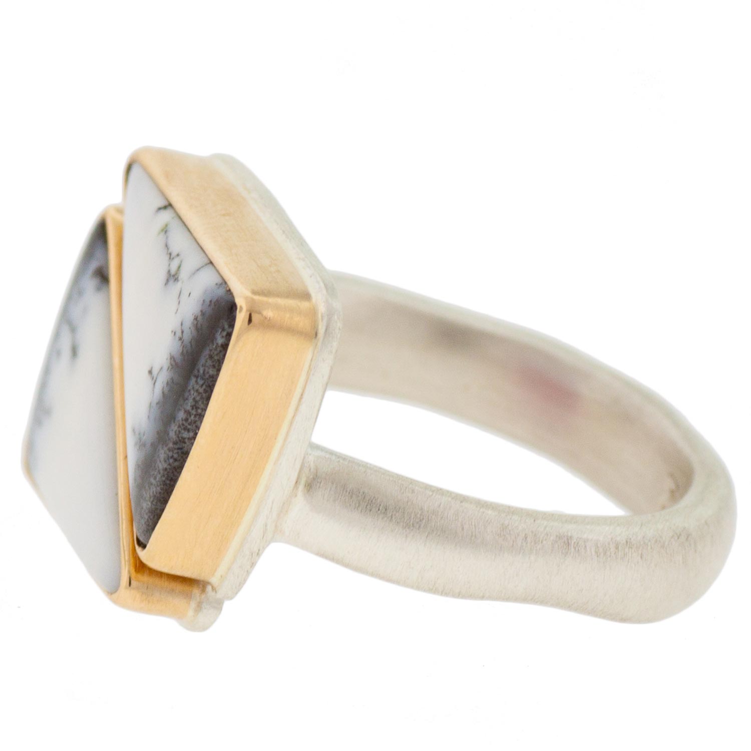Jamie Joseph: SS & 14k Gold Ring w/ Double Asymmetrical Dendritic Opal on Organic band size 6.5