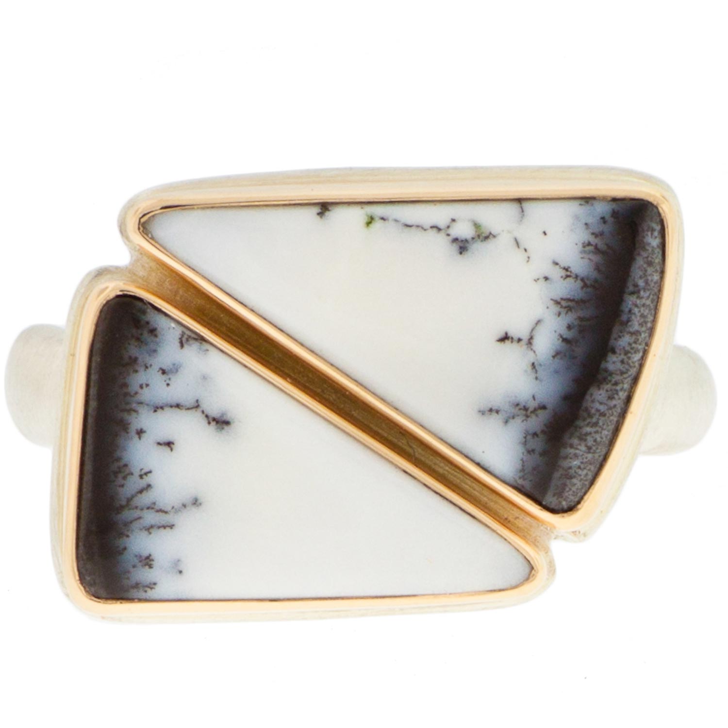 Jamie Joseph: SS & 14k Gold Ring w/ Double Asymmetrical Dendritic Opal on Organic band size 6.5