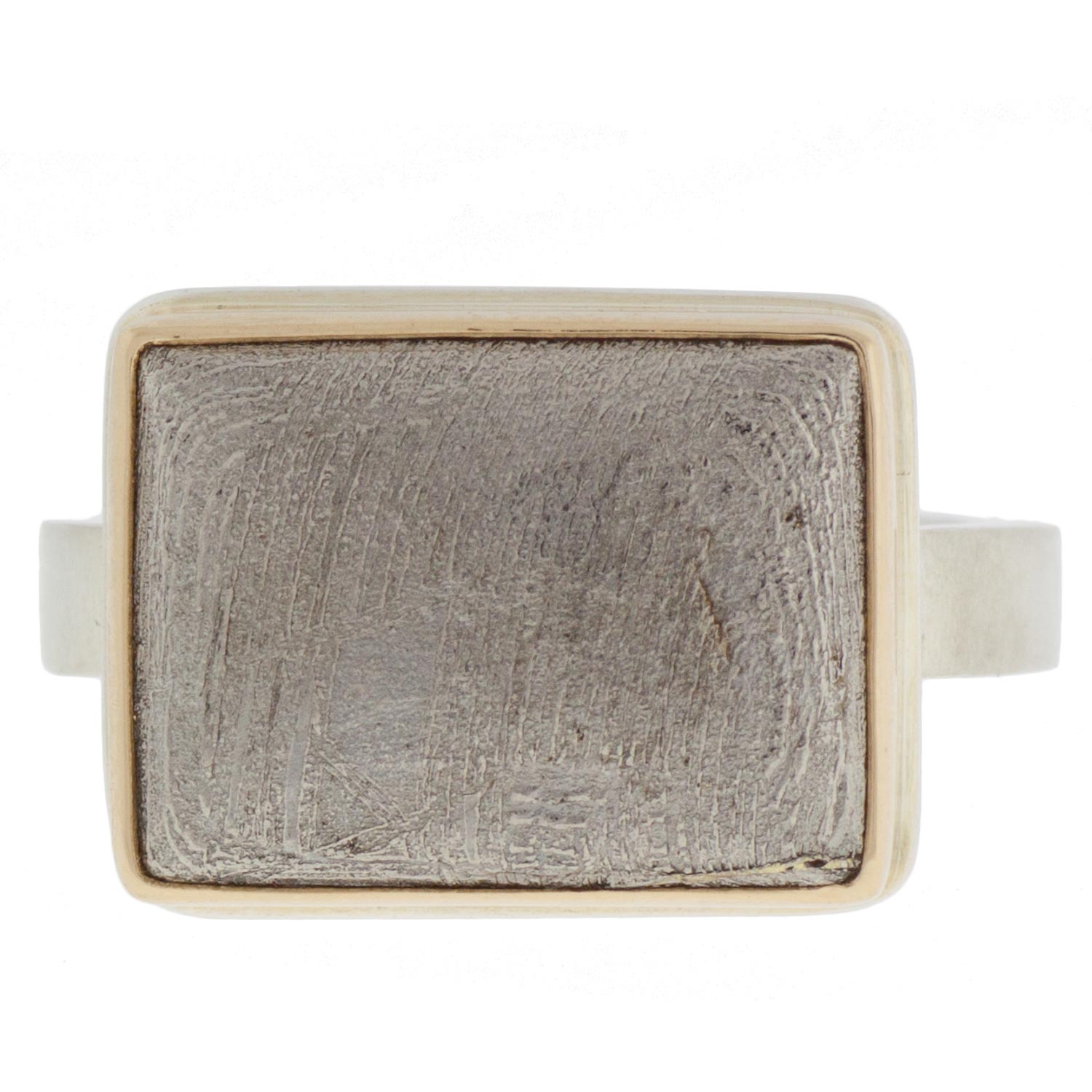 Jamie Joseph: SS & 14k Gold Ring w/ Rectangle Scrimshaw Meteorite on X Band