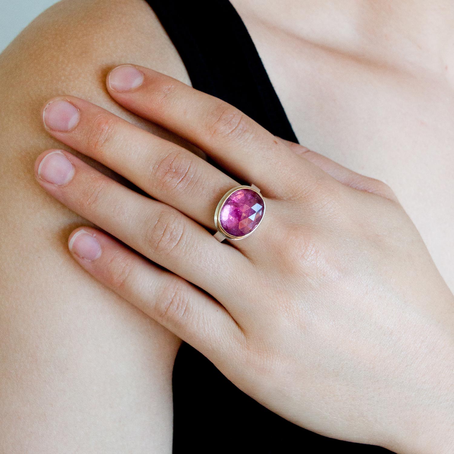 Jamie Joseph: Sterling & 14K gold ring with oval rose cut pink sapphire tourmaline on X band