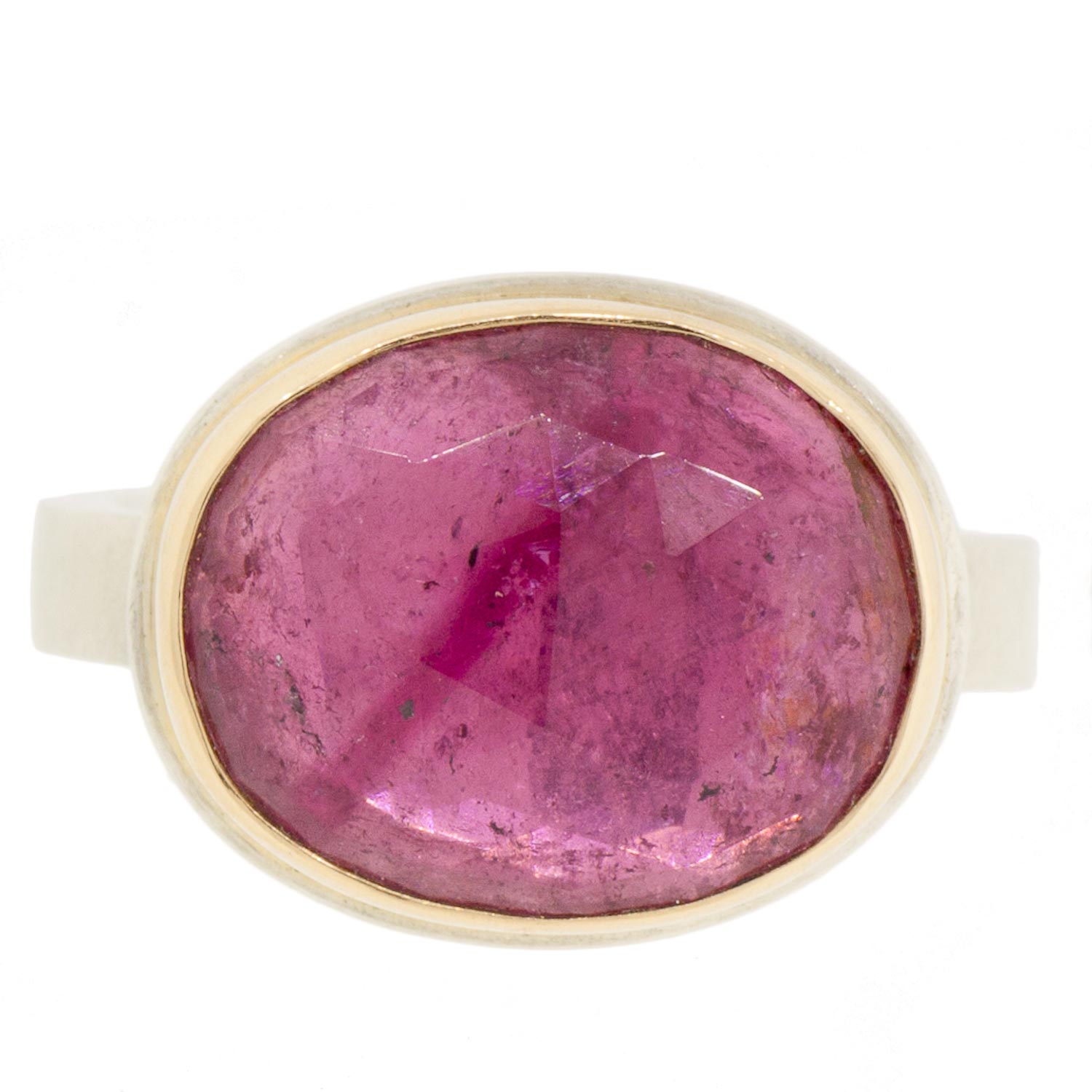 Jamie Joseph: Sterling & 14K gold ring with oval rose cut pink sapphire tourmaline on X band