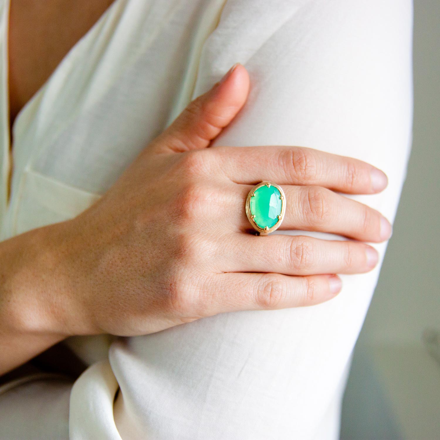 Jamie Joseph: SS & 14k Gold Cast Prong Ring w/ Aymmetrical Faceted Chrysoprase on X Band