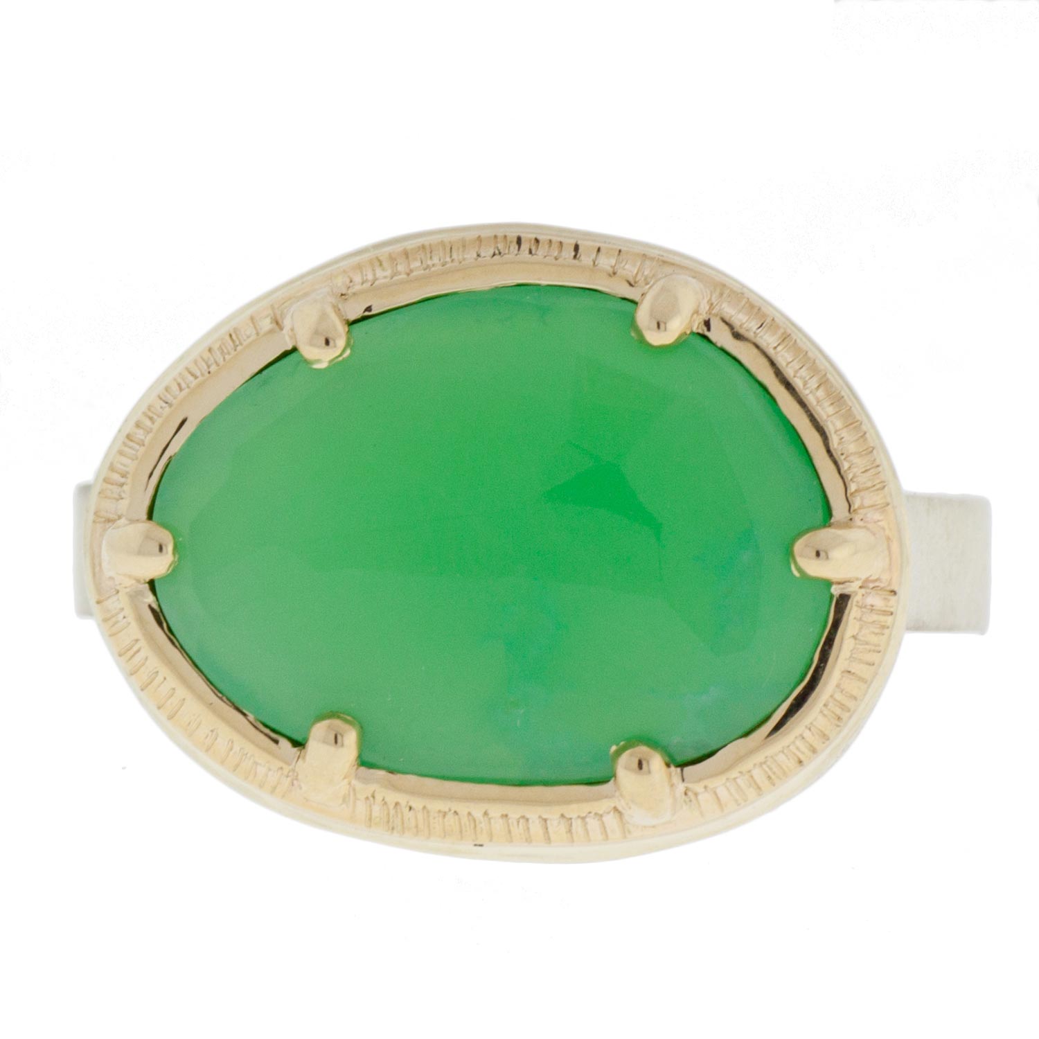 Jamie Joseph: SS & 14k Gold Cast Prong Ring w/ Aymmetrical Faceted Chrysoprase on X Band