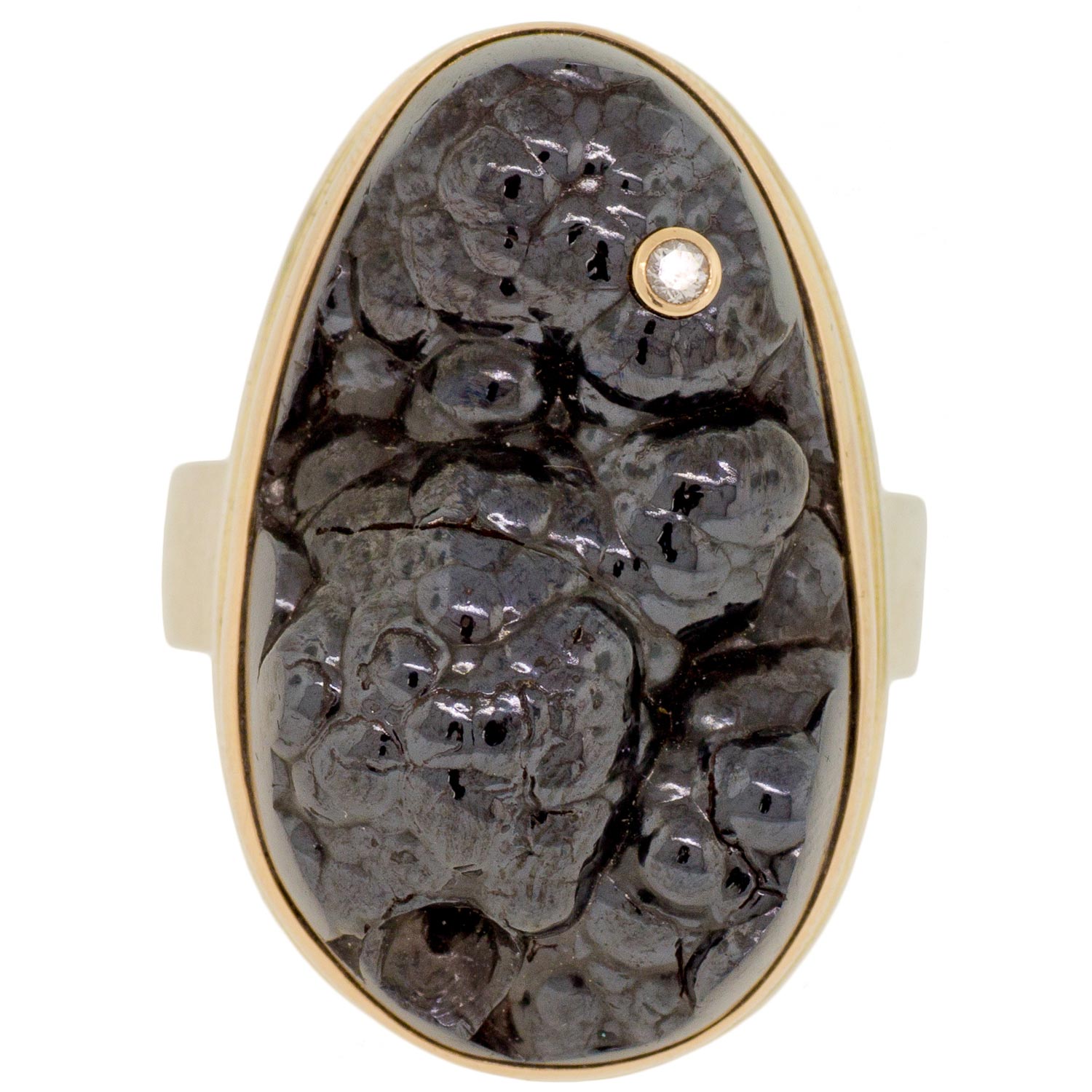 Jamie Joseph: SS & 14k Gold Ring w/ Vertical Surface Cut hematite & ,.03 Diamond on Z Band