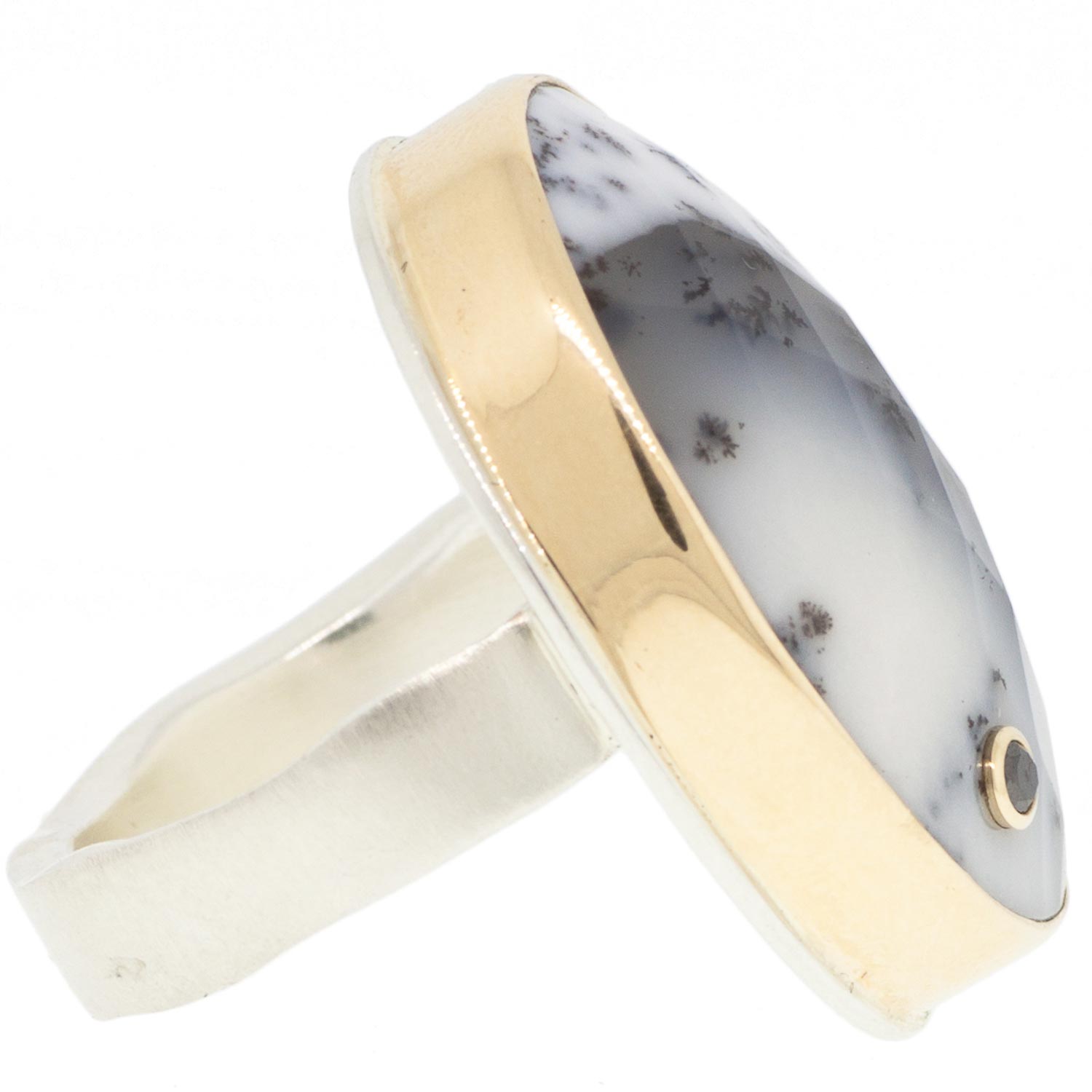 Jamie Joseph: SS & 14k Gold Ring w/ Vertical Oval Rose Cut Dendritic opal & .03ct Black Diamond on Live Edge Band Size 7