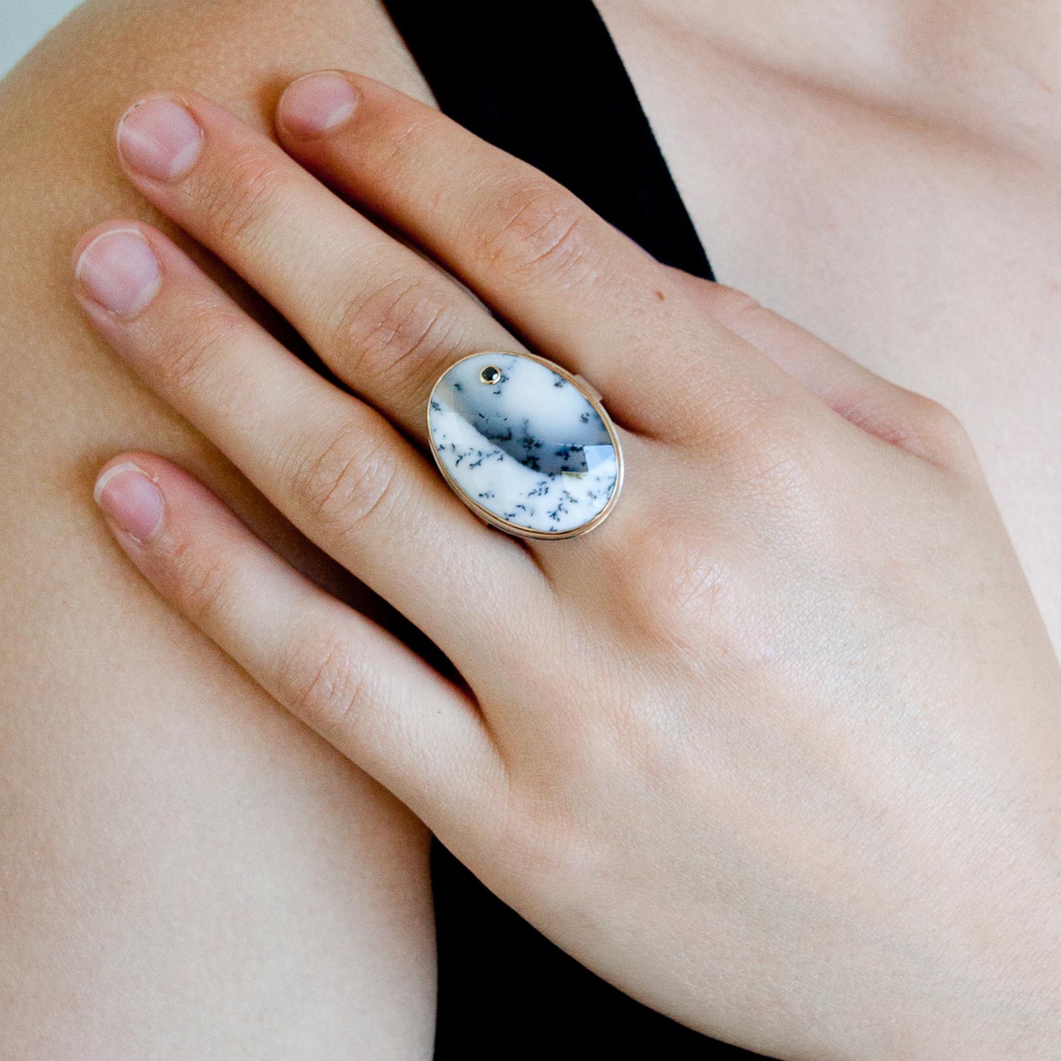 Jamie Joseph: SS & 14k Gold Ring w/ Vertical Oval Rose Cut Dendritic opal & .03ct Black Diamond on Live Edge Band Size 7