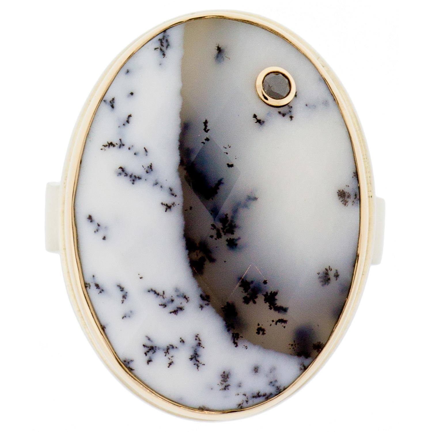 Jamie Joseph: SS & 14k Gold Ring w/ Vertical Oval Rose Cut Dendritic opal & .03ct Black Diamond on Live Edge Band Size 7